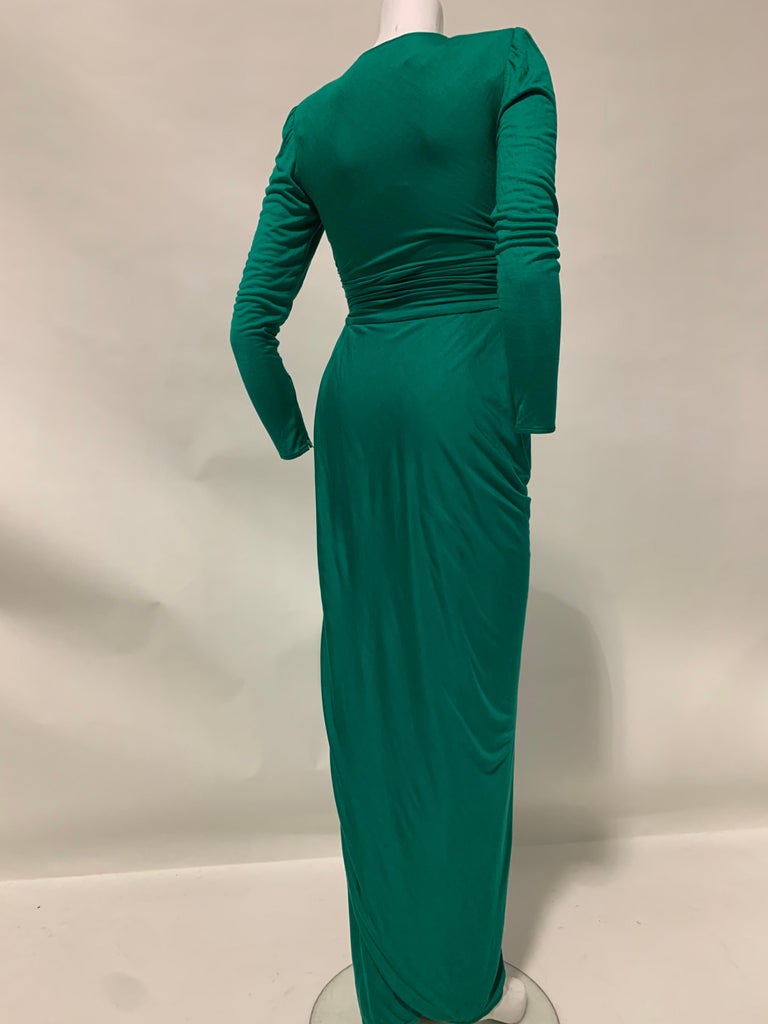 1992 Ungaro Emerald Green Draped Jersey Gown W/ Wrap Back & Bold Shoulders Us 6