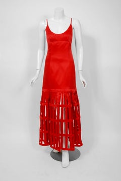 Vintage 1992 Valentino Boutique Red Silk Birdcage Cut-Out Backless Maxi Dress