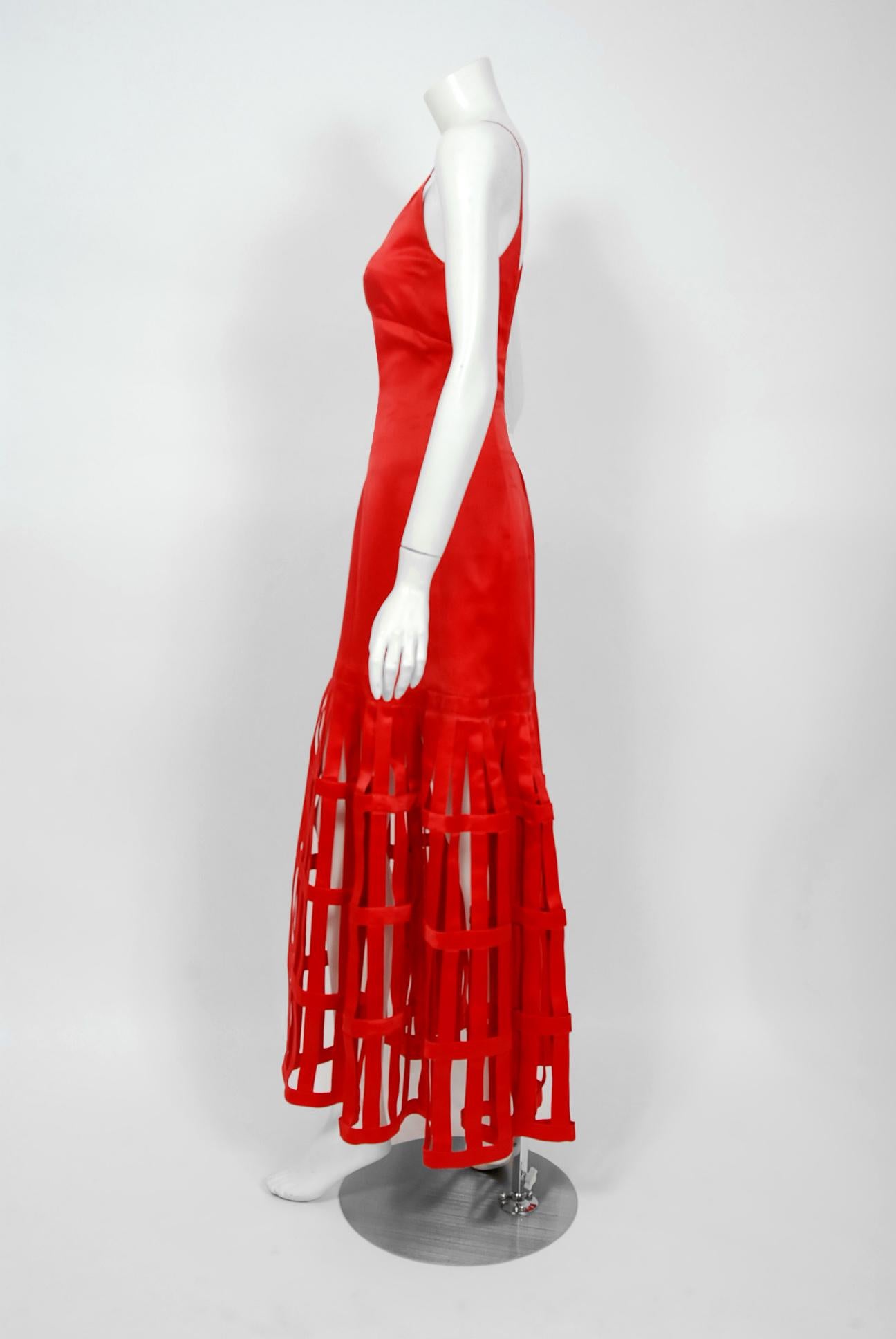 Vintage 1992 Valentino Boutique Red Silk Birdcage Cut-Out Backless Maxi Dress 1