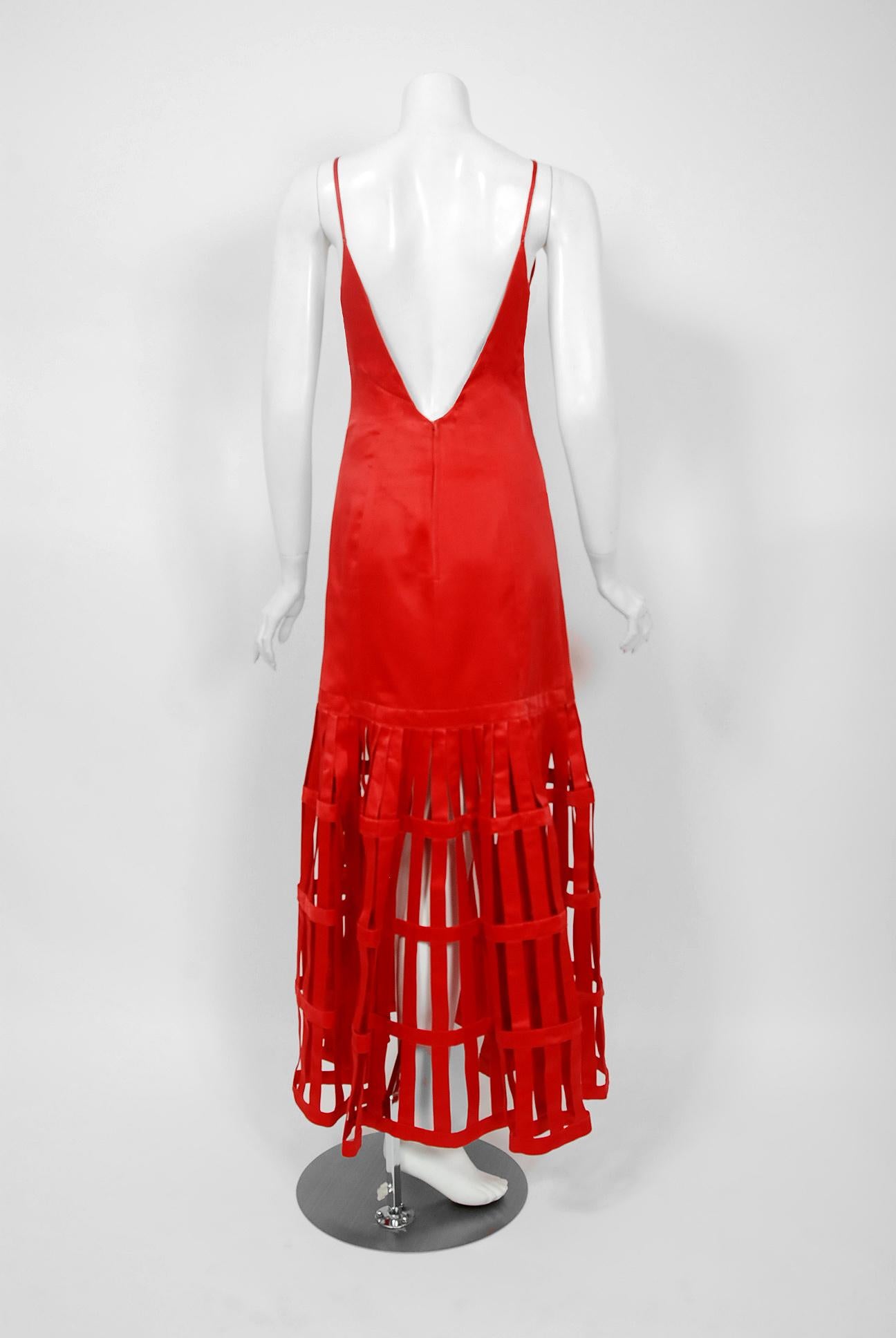 Vintage 1992 Valentino Boutique Red Silk Birdcage Cut-Out Backless Maxi Dress 2