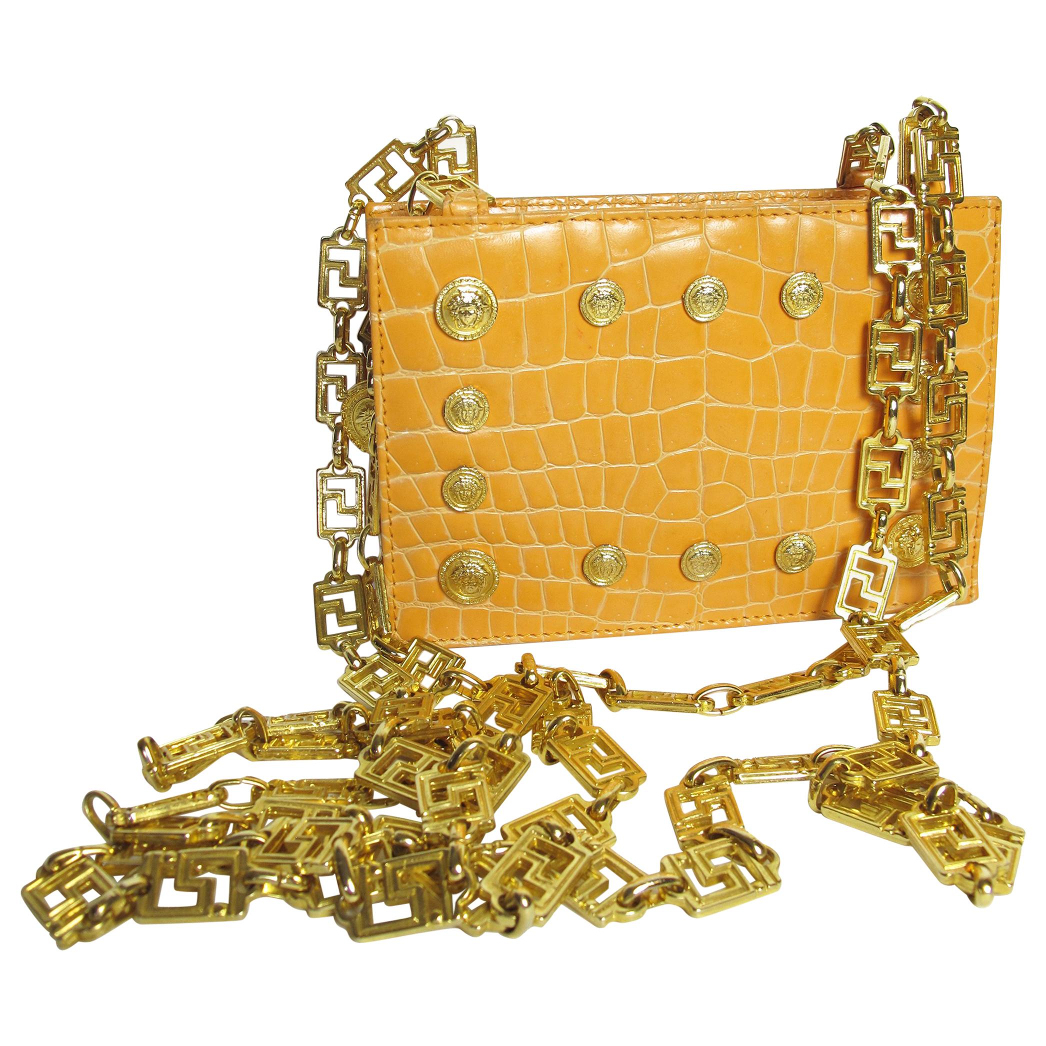 1992 Versace Embossed Leather Medusa Shoulder Bag