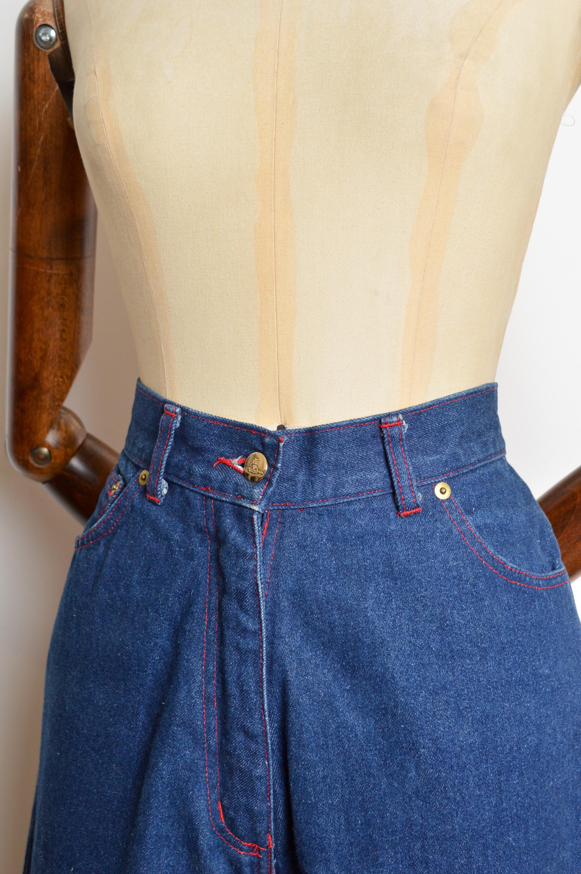 1992 Vivienne Westwood Indigo Dunkelblau Denim Jeans mit hoher Taille (Blau) im Angebot