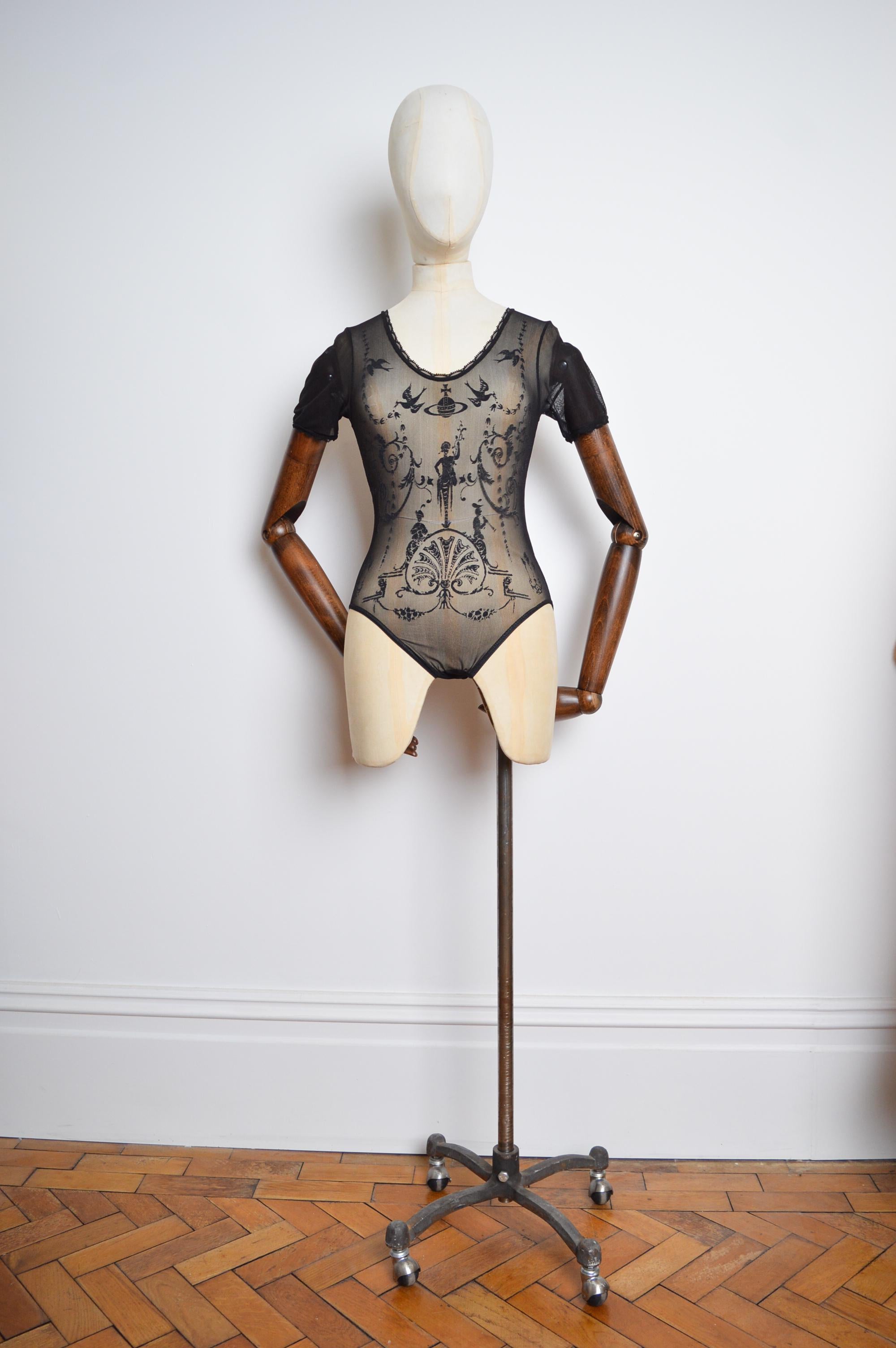 1992 Vivienne Westwood x Sock Shop Black Toile Sheer Mesh Bodysuit Top In Excellent Condition For Sale In Sheffield, GB