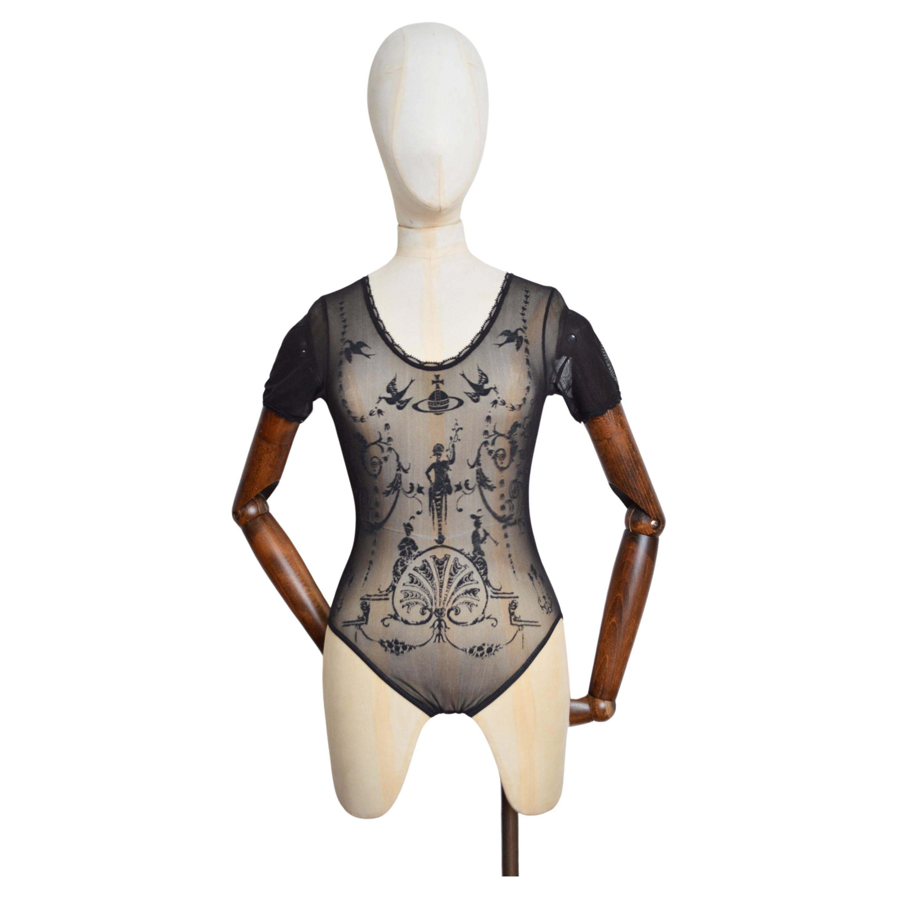 1992 Vivienne Westwood x Sock Shop Black Toile Sheer Mesh Bodysuit Top For Sale