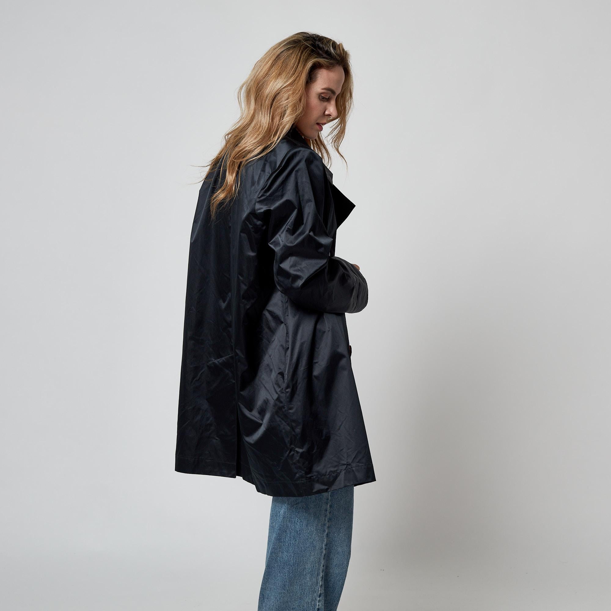 1992 Yves Saint Laurent Double Breasted Black Satin Mac Coat For Sale 6