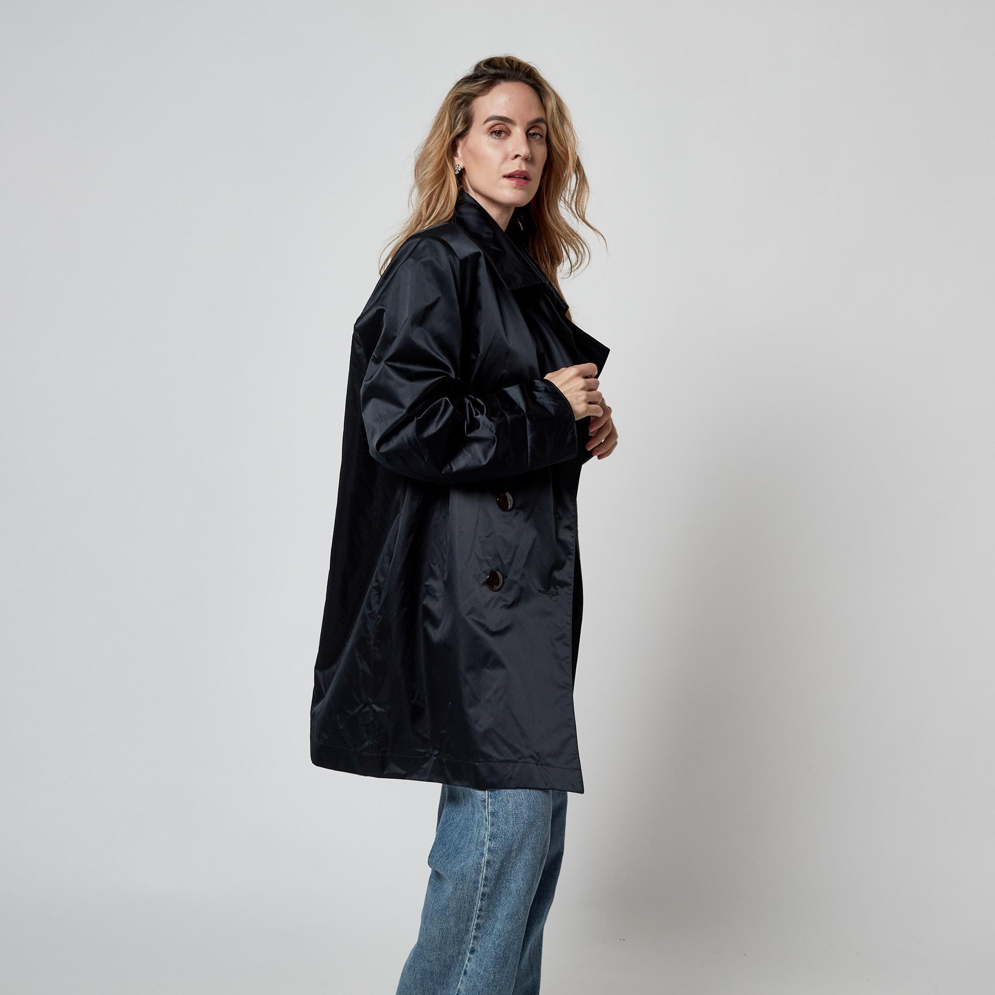1992 Yves Saint Laurent Double Breasted Black Satin Mac Coat For Sale 5