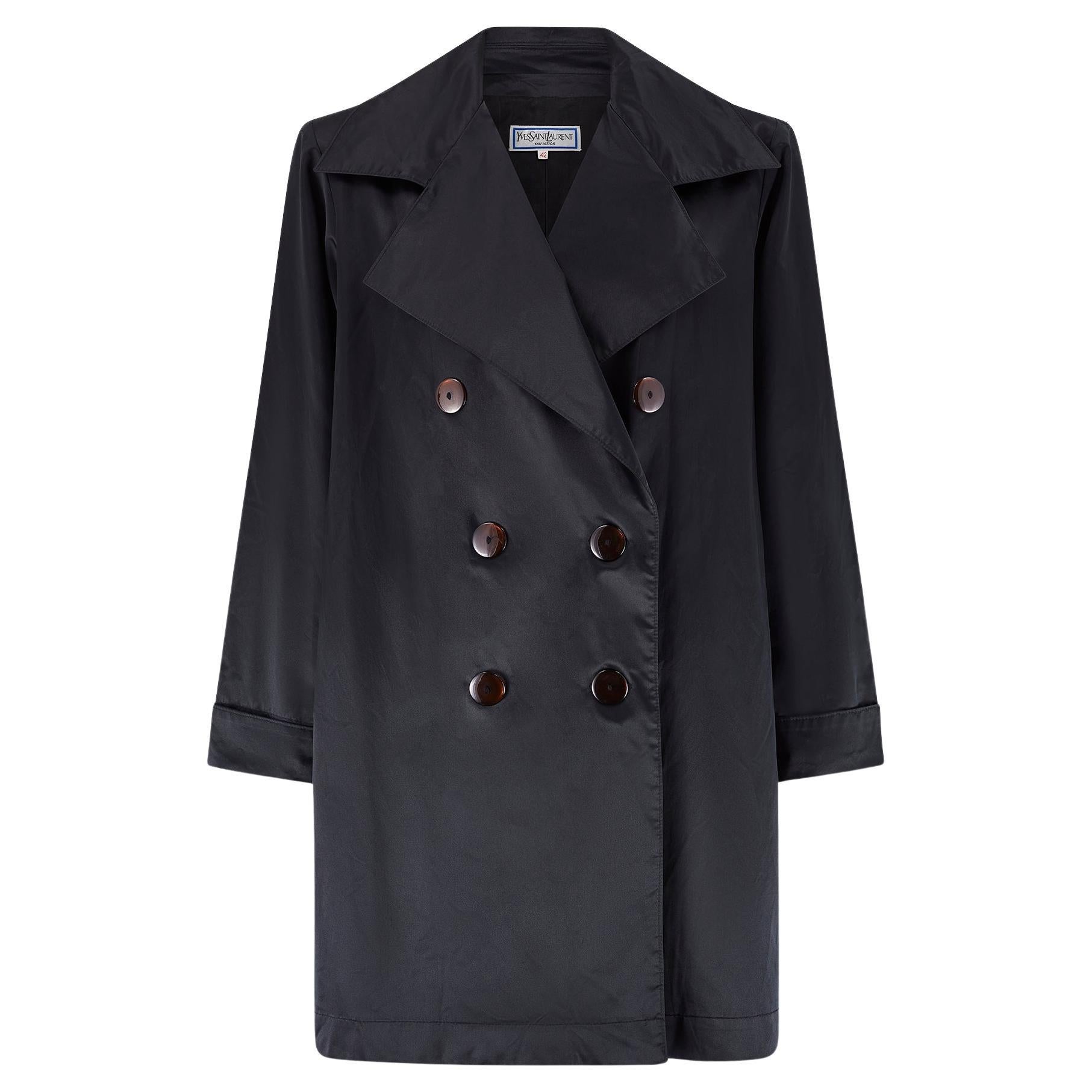 1992 Yves Saint Laurent Double Breasted Black Satin Mac Coat For Sale