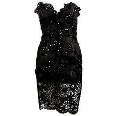1992 YVES SAINT LAURENT lace mini strapless dress with sequins and sheer hemline