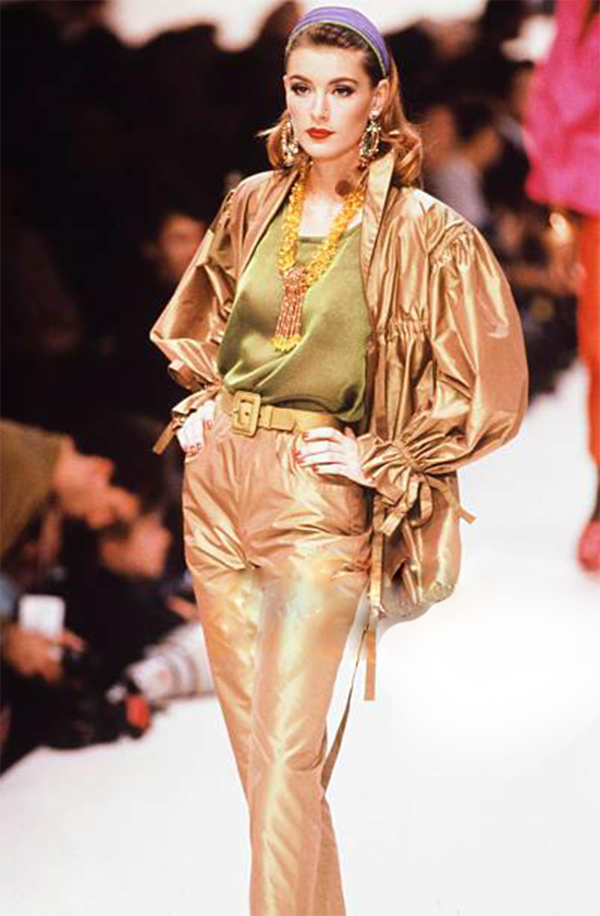 1992 Yves Saint Laurent Runway Documented Irridescent Green Silk Trousers For Sale 5
