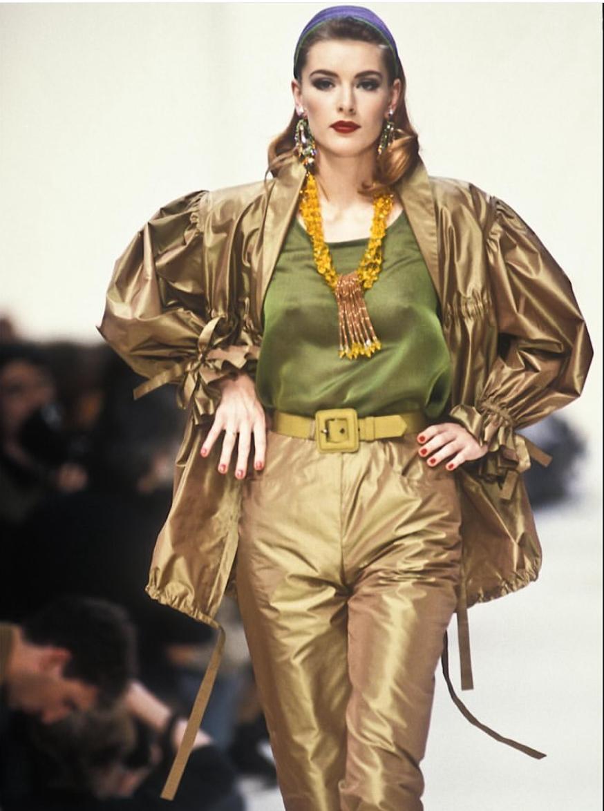 1992 Yves Saint Laurent Runway Documented Irridescent Green Silk Trousers For Sale 6