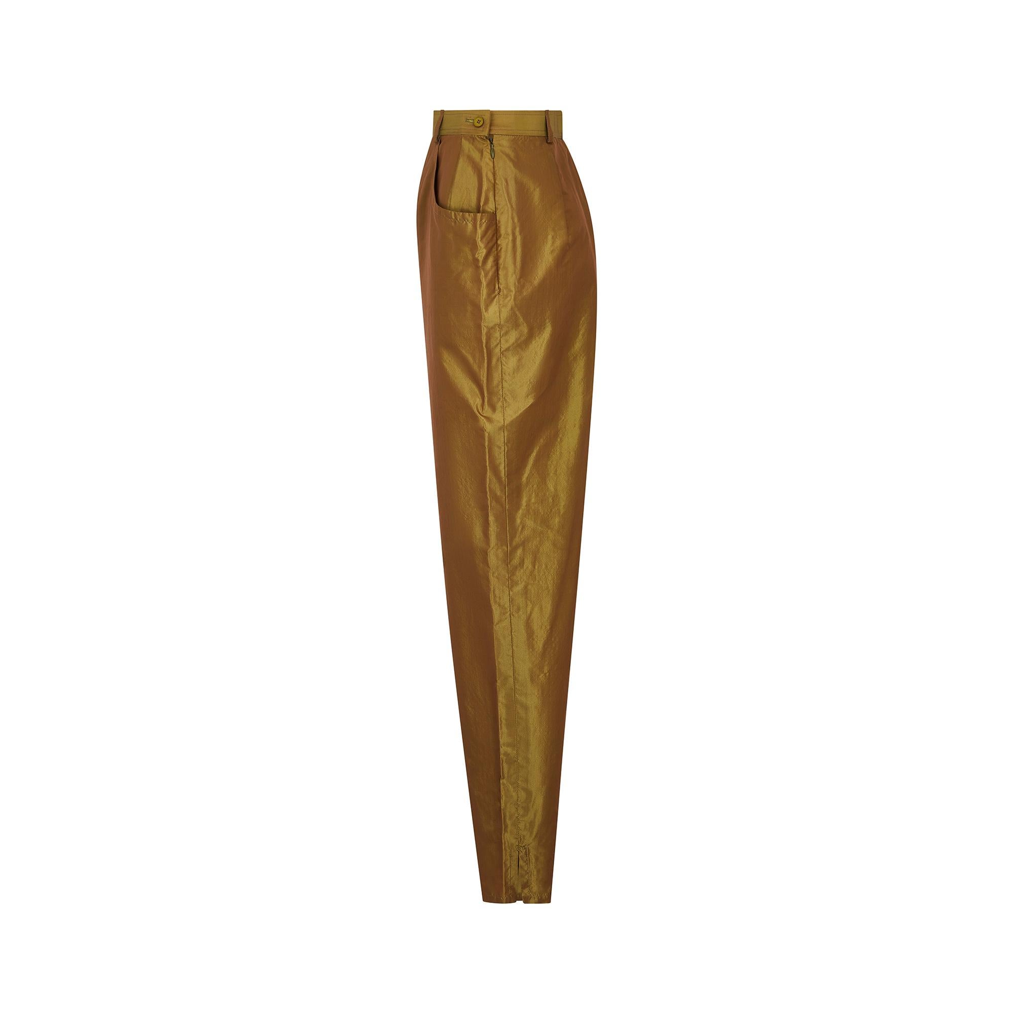 Brown 1992 Yves Saint Laurent Runway Documented Irridescent Green Silk Trousers For Sale
