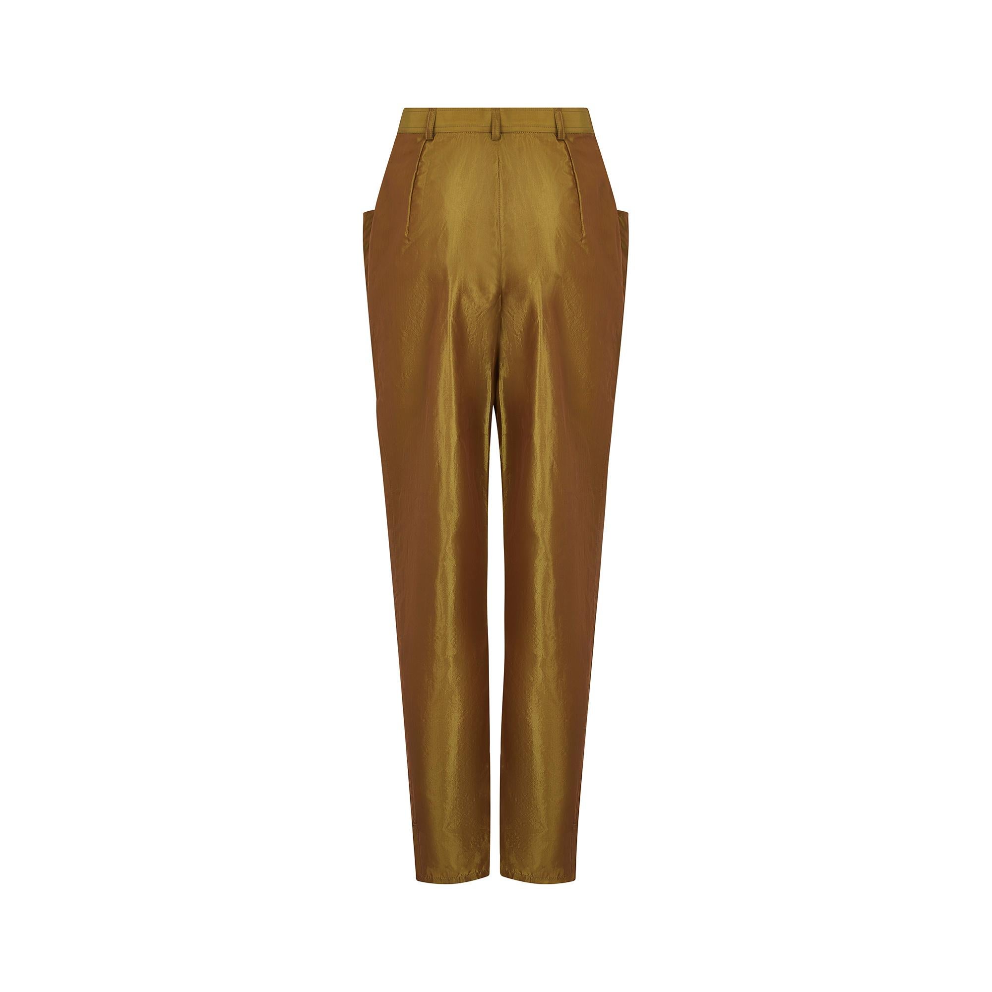 1992 Yves Saint Laurent Runway Documented Irridescent Green Silk Trousers In New Condition For Sale In London, GB