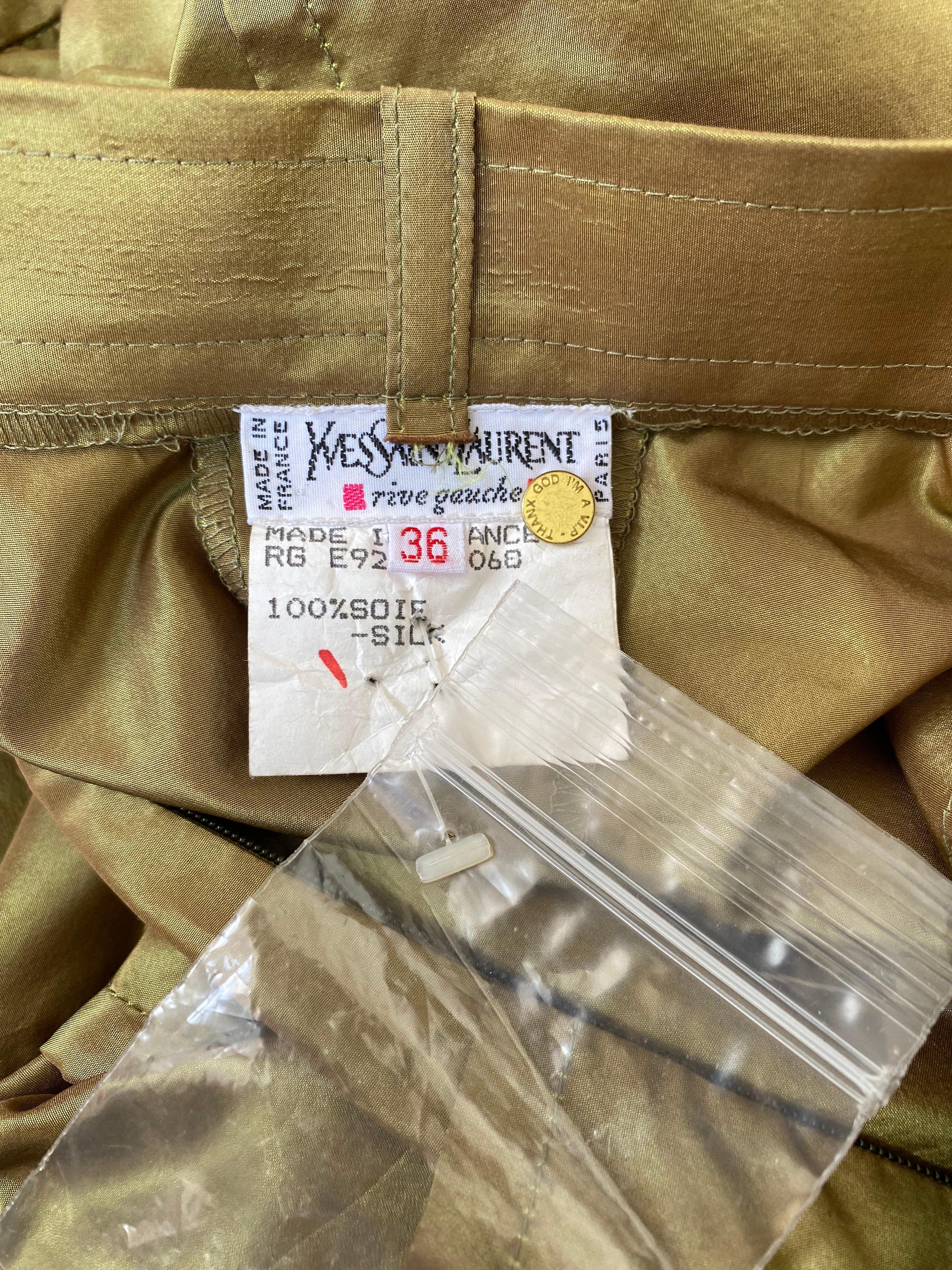 1992 Yves Saint Laurent Runway Documented Irridescent Green Silk Trousers For Sale 3