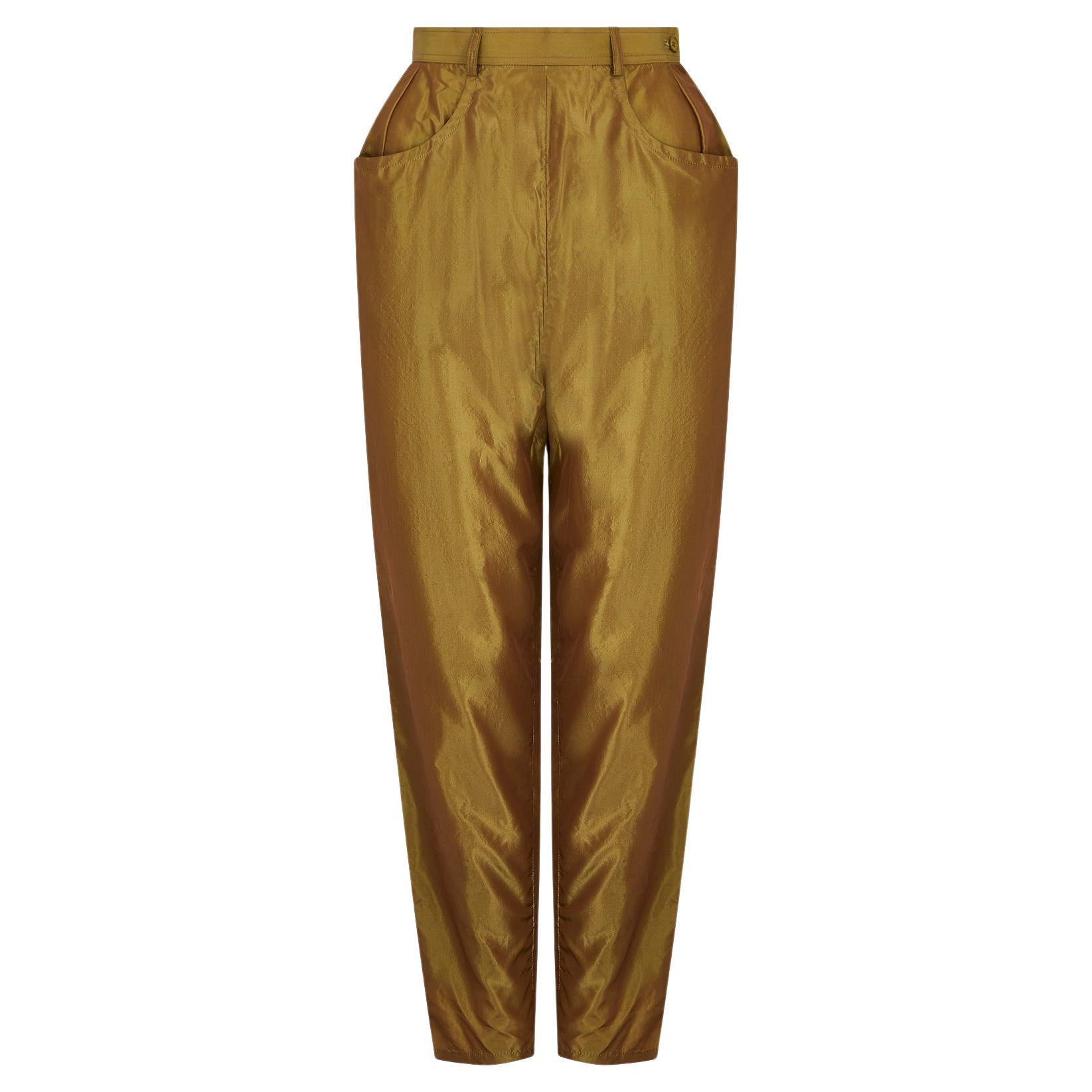 1992 Yves Saint Laurent Runway Documented Irridescent Green Silk Trousers For Sale