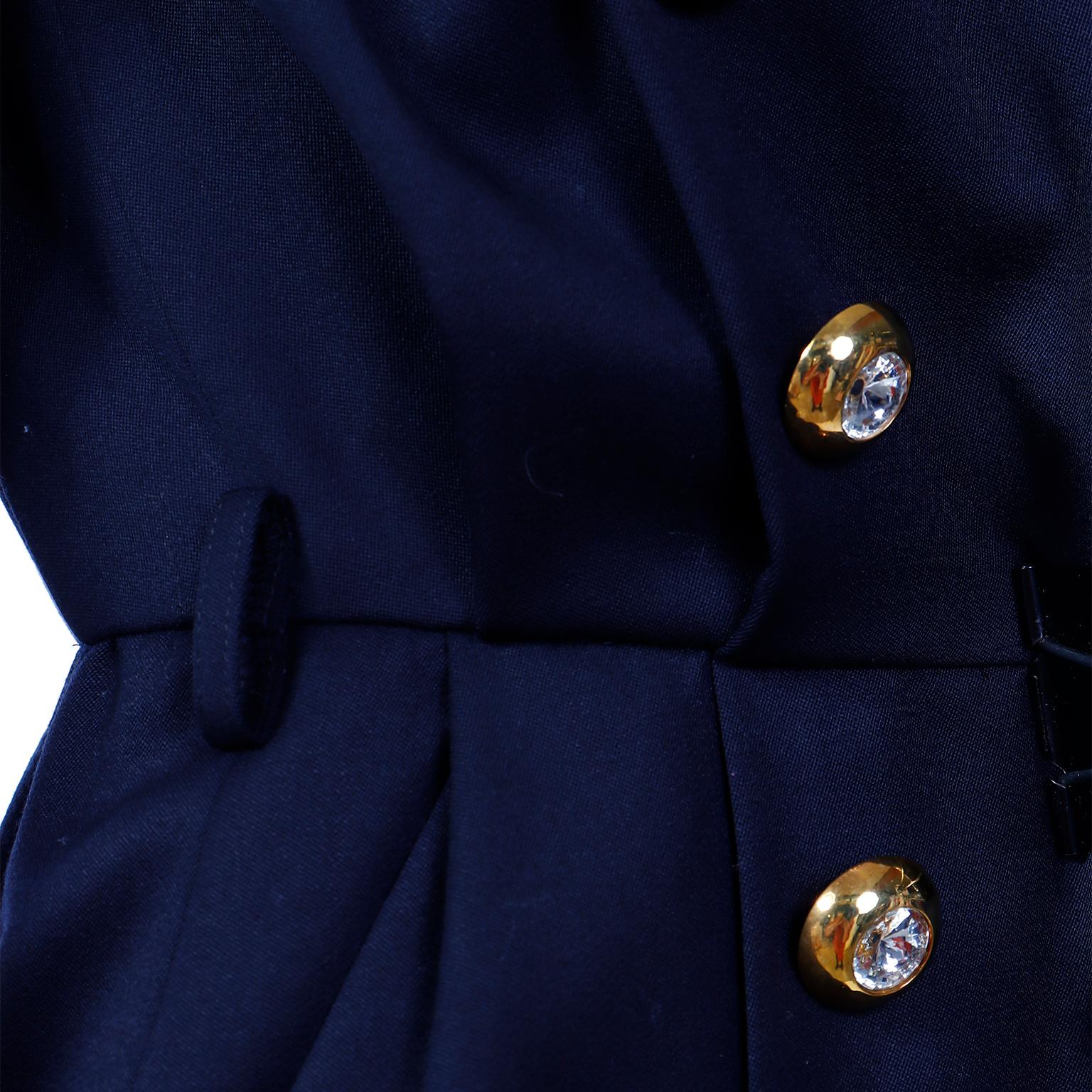 1992 Yves Saint Laurent Vintage Navy Blue Runway Dress W Gold & Crystal Buttons For Sale 3