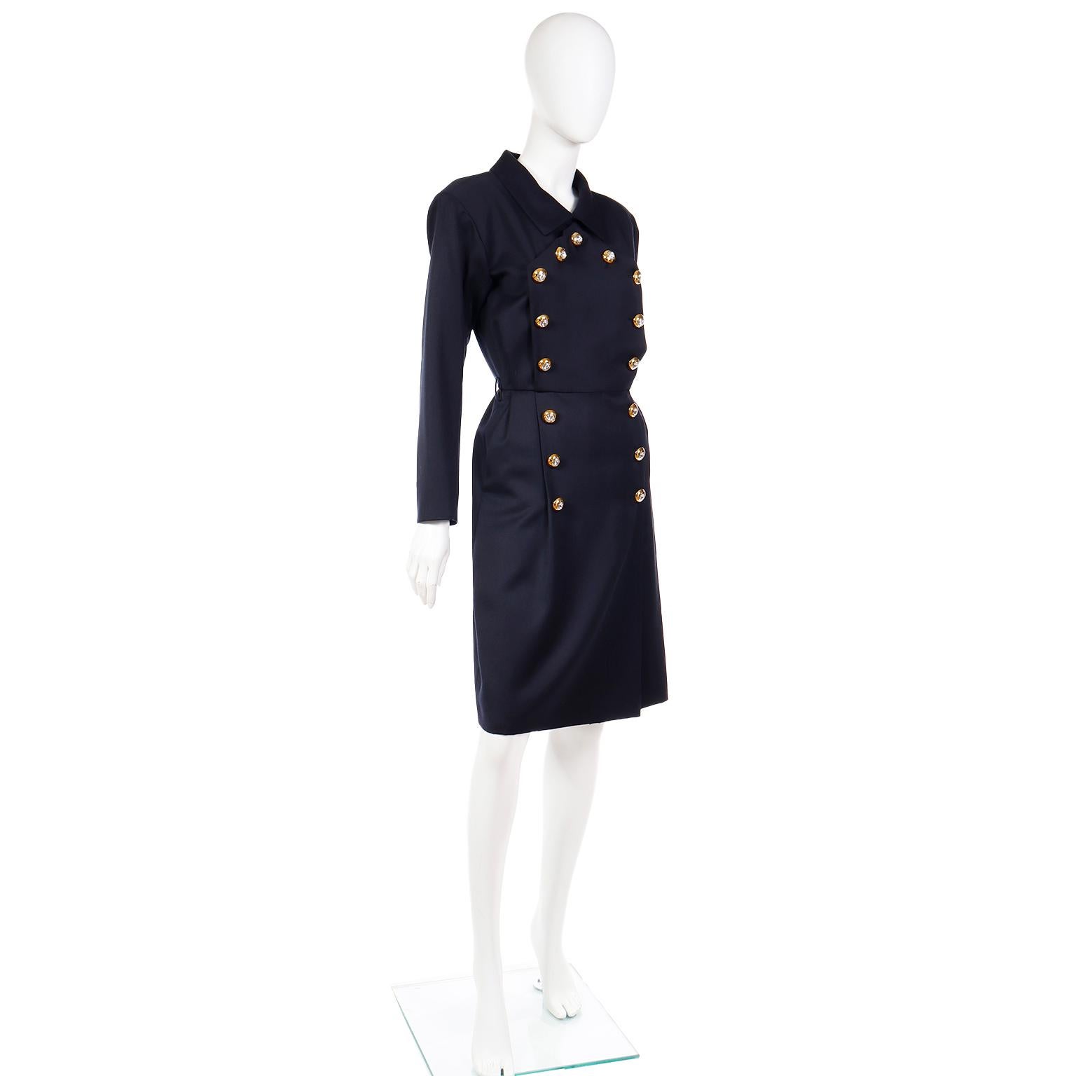 1992 Yves Saint Laurent Vintage Navy Blue Runway Dress W Gold & Crystal Buttons In Excellent Condition For Sale In Portland, OR