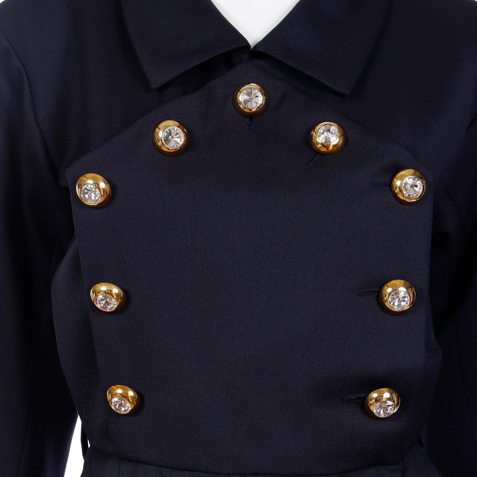 1992 Yves Saint Laurent Vintage Navy Blue Runway Dress W Gold & Crystal Buttons For Sale 1