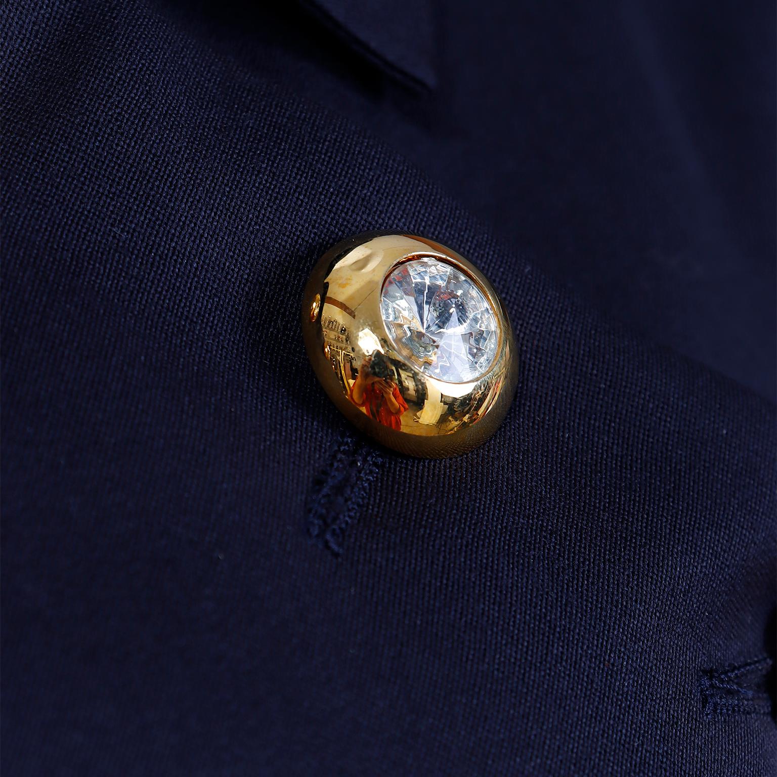 1992 Yves Saint Laurent Vintage Navy Blue Runway Dress W Gold & Crystal Buttons For Sale 2