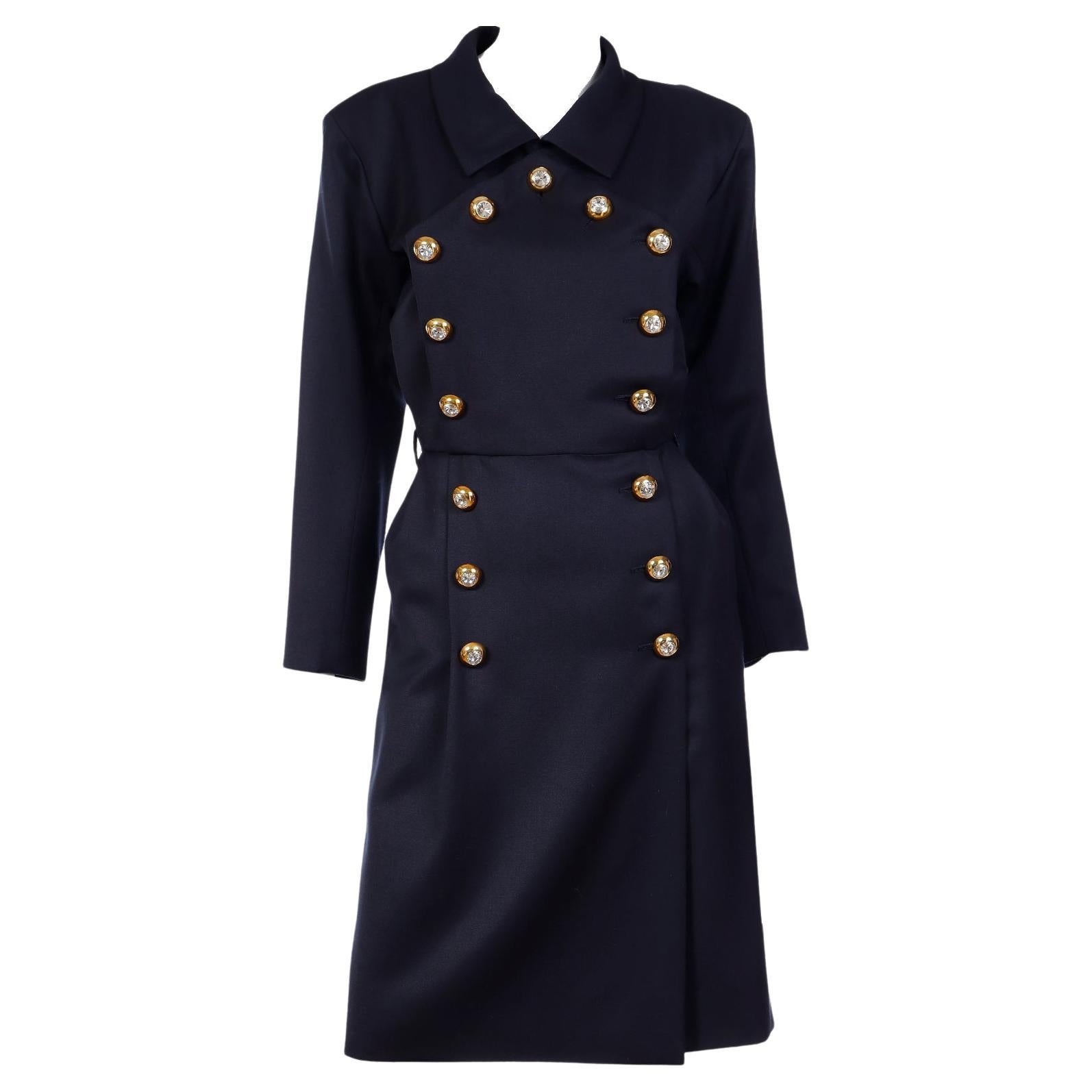 1992 Yves Saint Laurent Vintage Navy Blue Runway Dress W Gold & Crystal Buttons For Sale