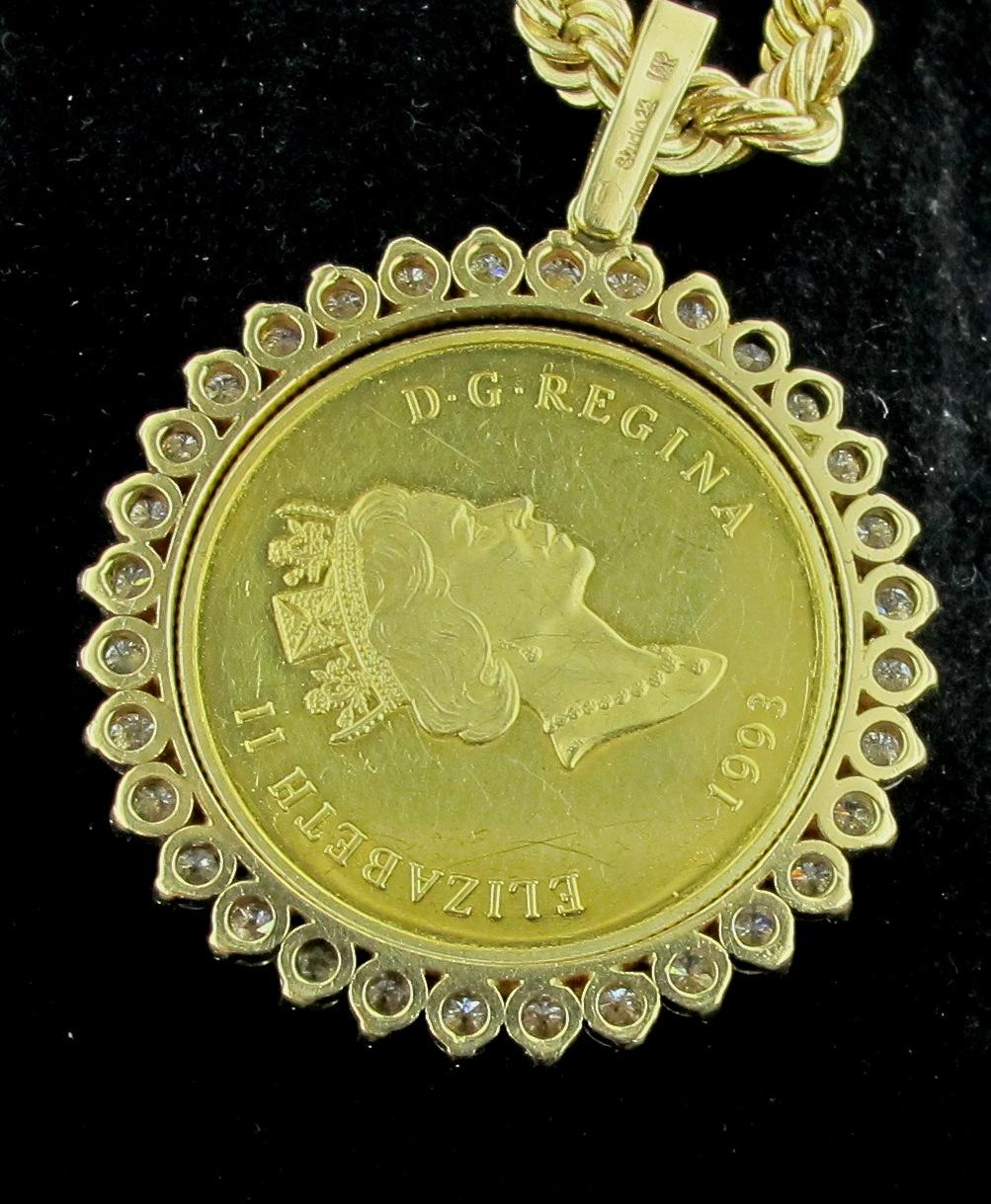 Round Cut 1993 $100 Canadian Gold Coin Necklace in 14 Karat Gold with Diamond Bezel