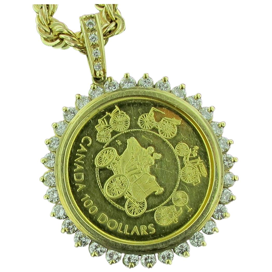 1993 $100 Canadian Gold Coin Necklace in 14 Karat Gold with Diamond Bezel