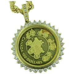 1993 $100 Canadian Gold Coin Necklace in 14 Karat Gold with Diamond Bezel