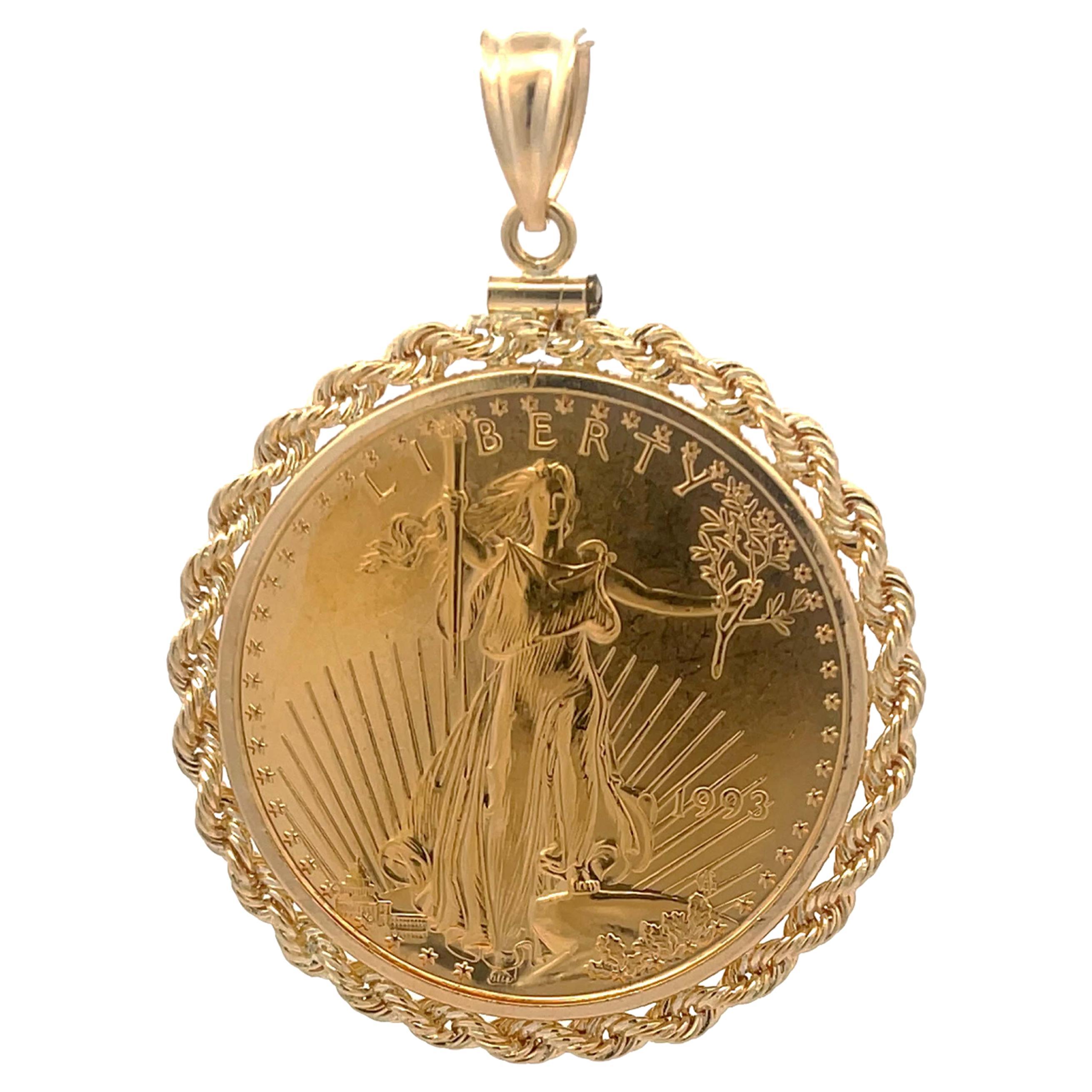 1993 American Eagle $50 Gold Coin 1oz in 14k Gold Rope Bezel Pendant For  Sale at 1stDibs | 1993 gold necklace, american eagle jewellery, gold 1993  necklace