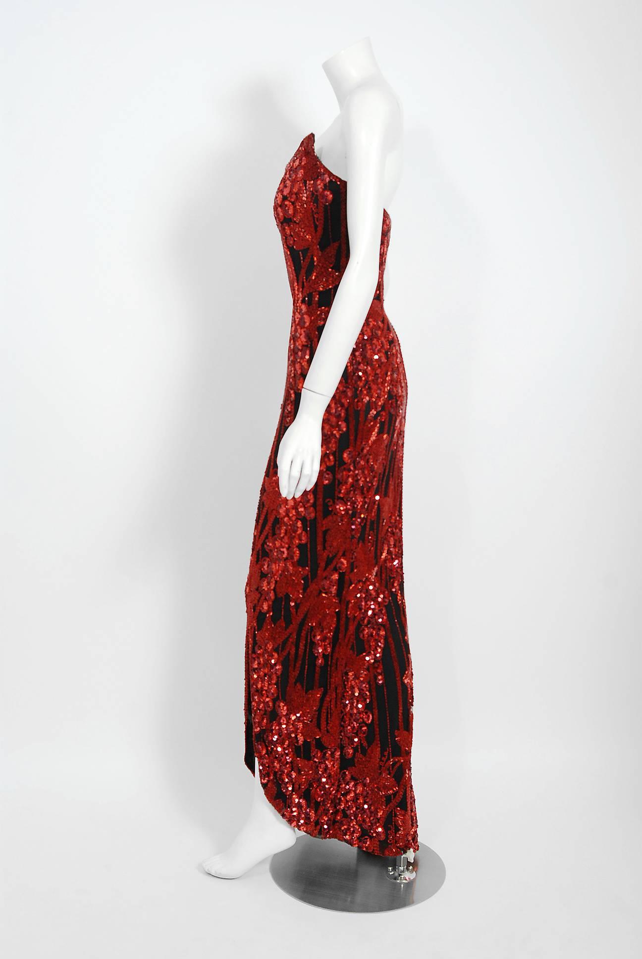 Women's Vintage 1990 Bob Mackie Red Grapevines Beaded Silk Strapless Hourglass Slit Gown