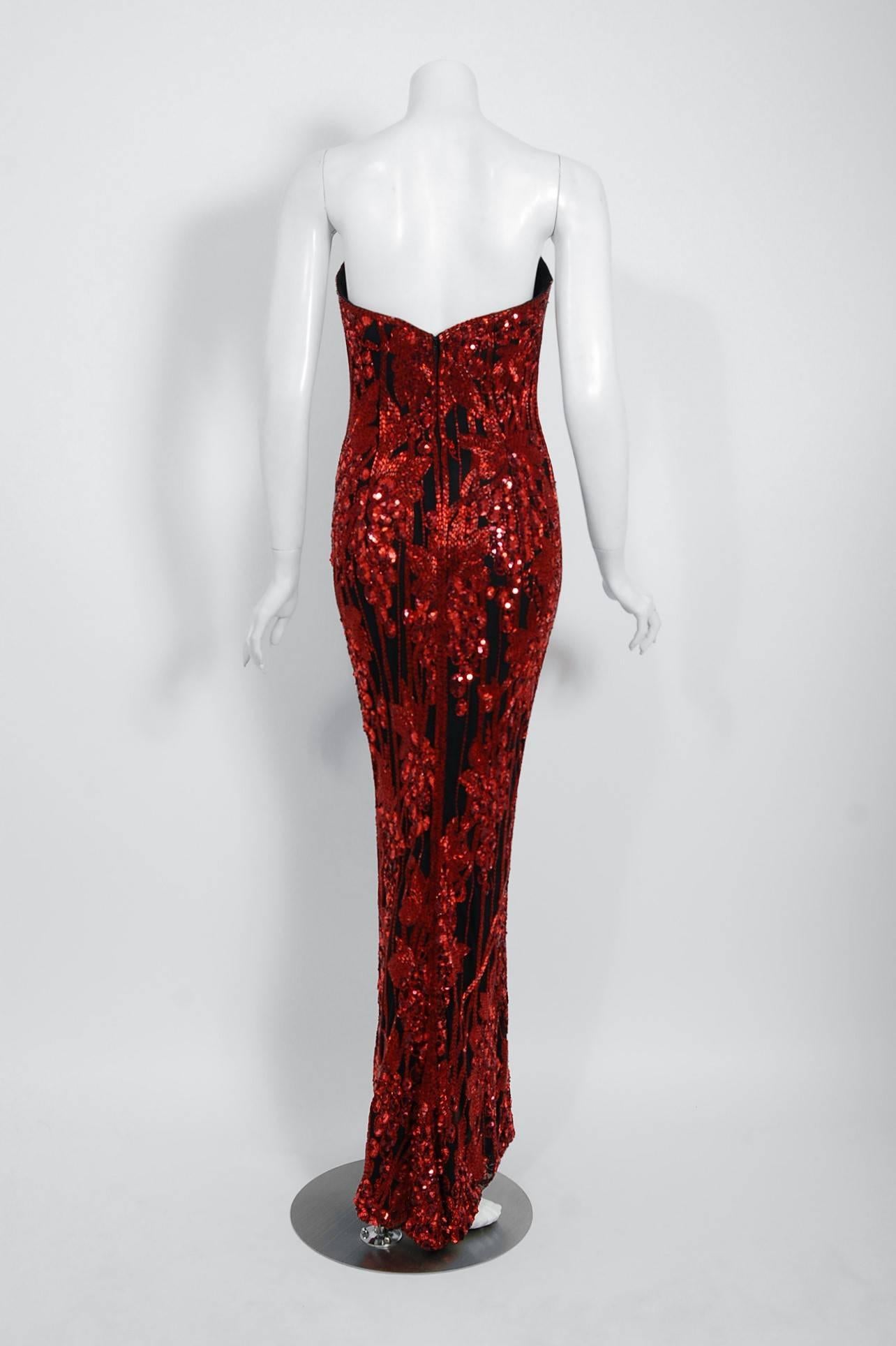 Vintage 1990 Bob Mackie Red Grapevines Beaded Silk Strapless Hourglass Slit Gown 1