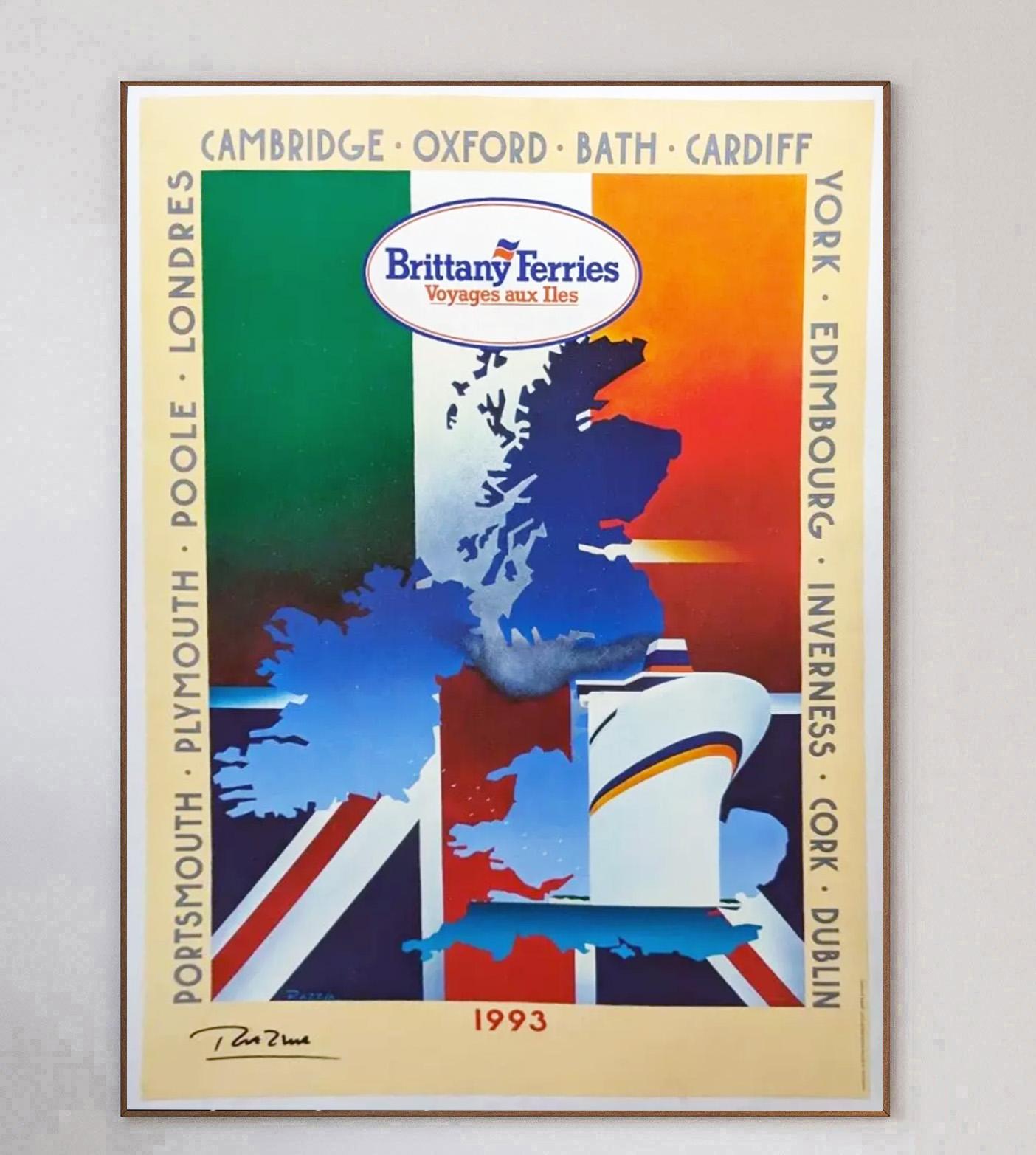Wonderful and rare poster from 1993 promoting Brittany Ferries routes across the Channel to Portsmouth, Plymouth, Poole, London, Cambridge, Oxford, Bath, Cardiff, York, Edinburgh, Inverness, Cork and Dublin. The iconic ferry company founded in 1973