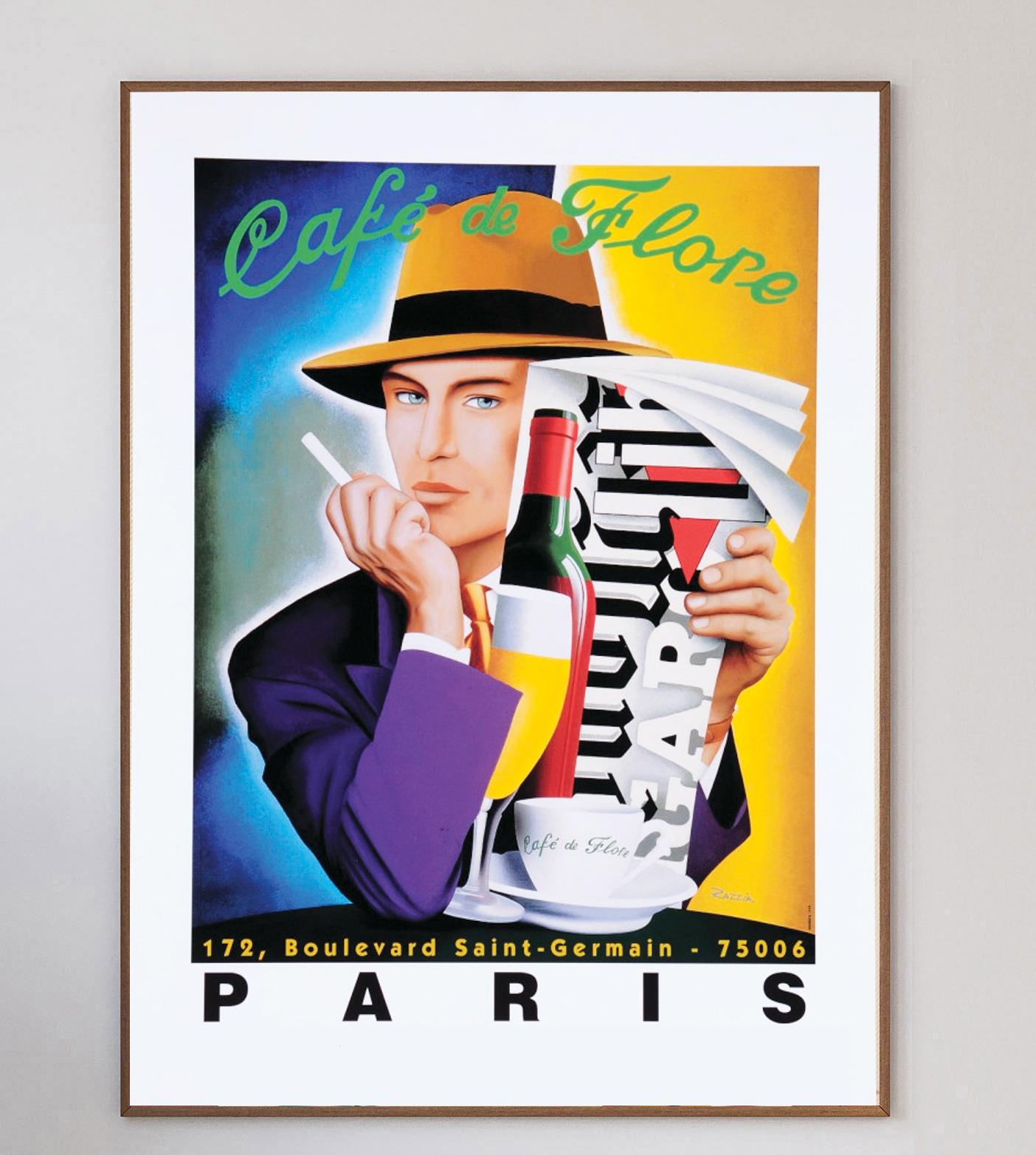 One of the oldest coffeehouses in Pairs, Cafe De Flore opened in the 1880s and is well known for its famous and celebrated clientele. This gorgeous poster was created in 1993 in collaboration with renowned poster artist Razzia.

Razzia is best known