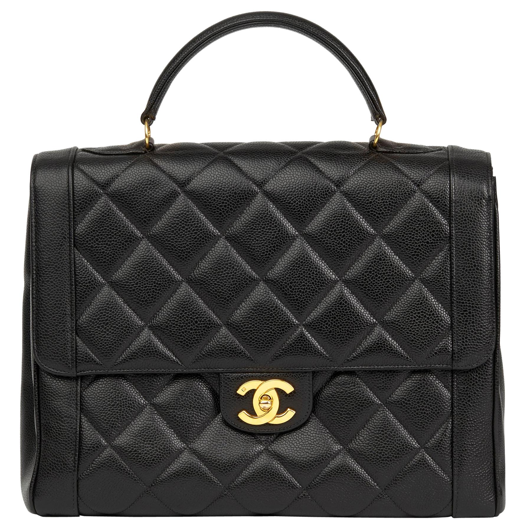 1993 Chanel Black Quilted Caviar Leather Vintage Classic Kelly