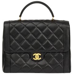 1993 Chanel Black Quilted Caviar Leather Vintage Classic Kelly