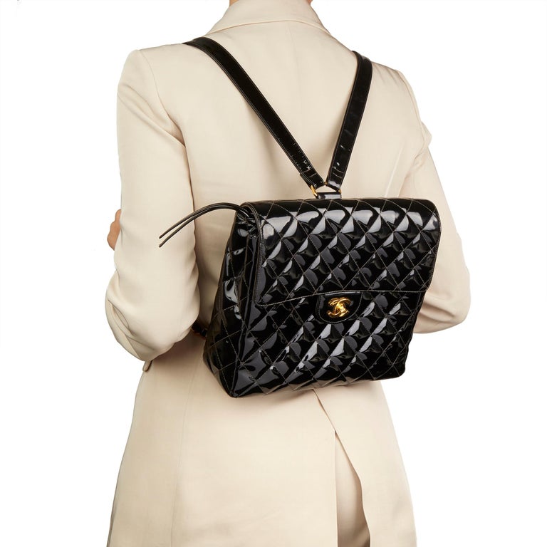 1993 Chanel Black Quilted Patent Leather Vintage Classic Timeless