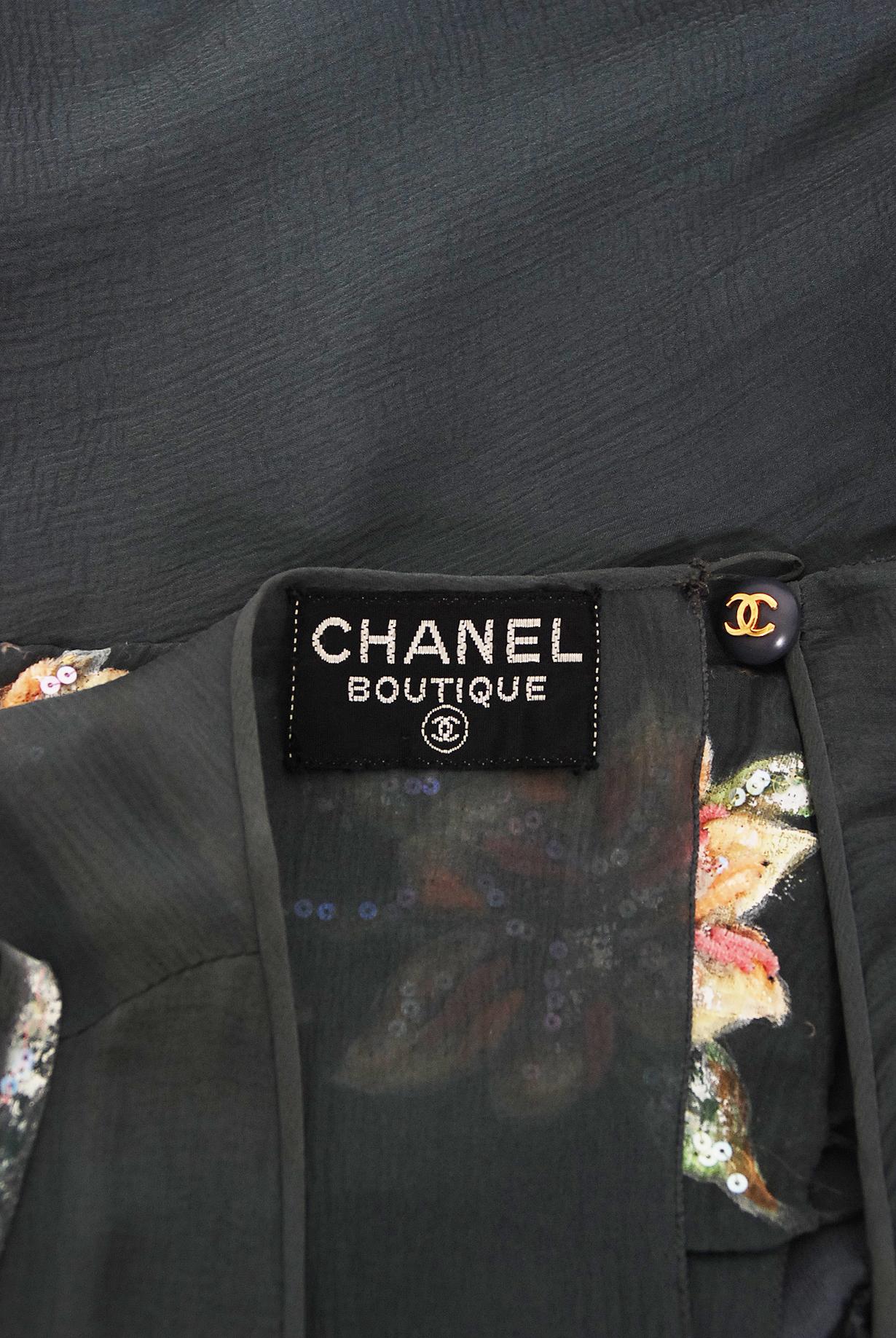Vintage 1993 Chanel Documented Hand-Painted Sequin Floral Charcoal Chiffon Dress 5