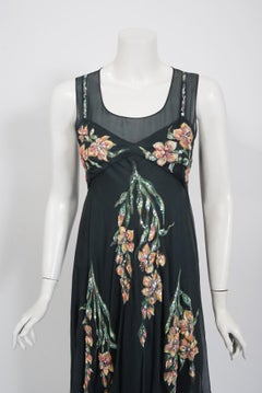 Vintage 1993 Chanel Documented Hand-Painted Sequin Floral Charcoal Chiffon Dress