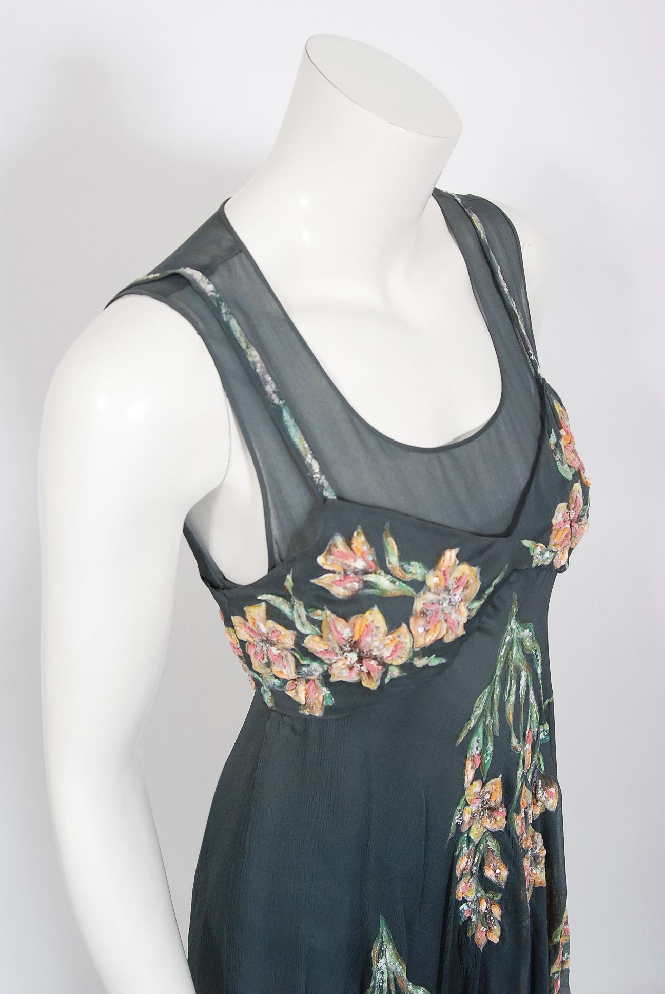 Vintage 1993 Chanel Documented Hand-Painted Sequin Floral Charcoal Chiffon Dress In Good Condition In Beverly Hills, CA