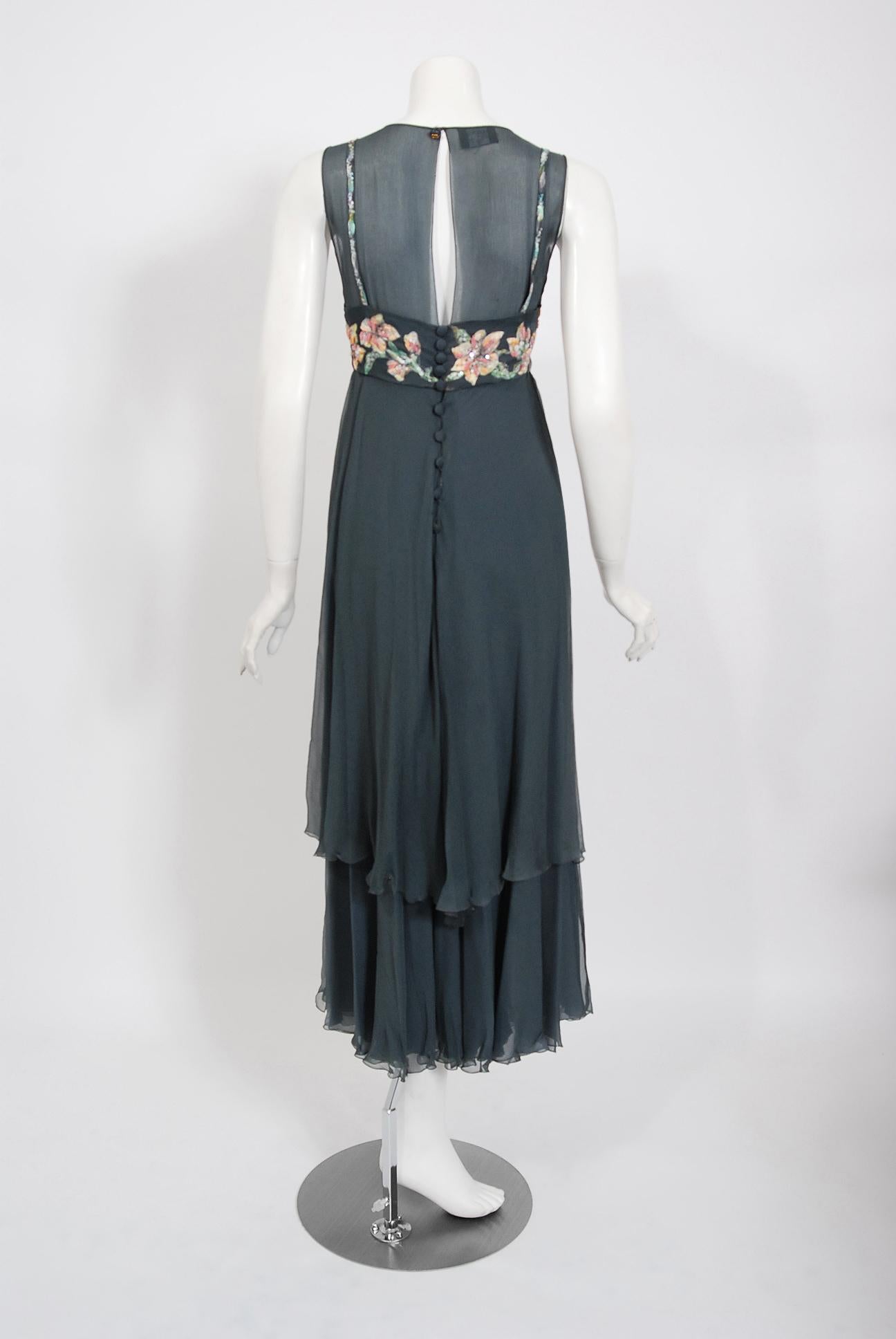Vintage 1993 Chanel Documented Hand-Painted Sequin Floral Charcoal Chiffon Dress 3