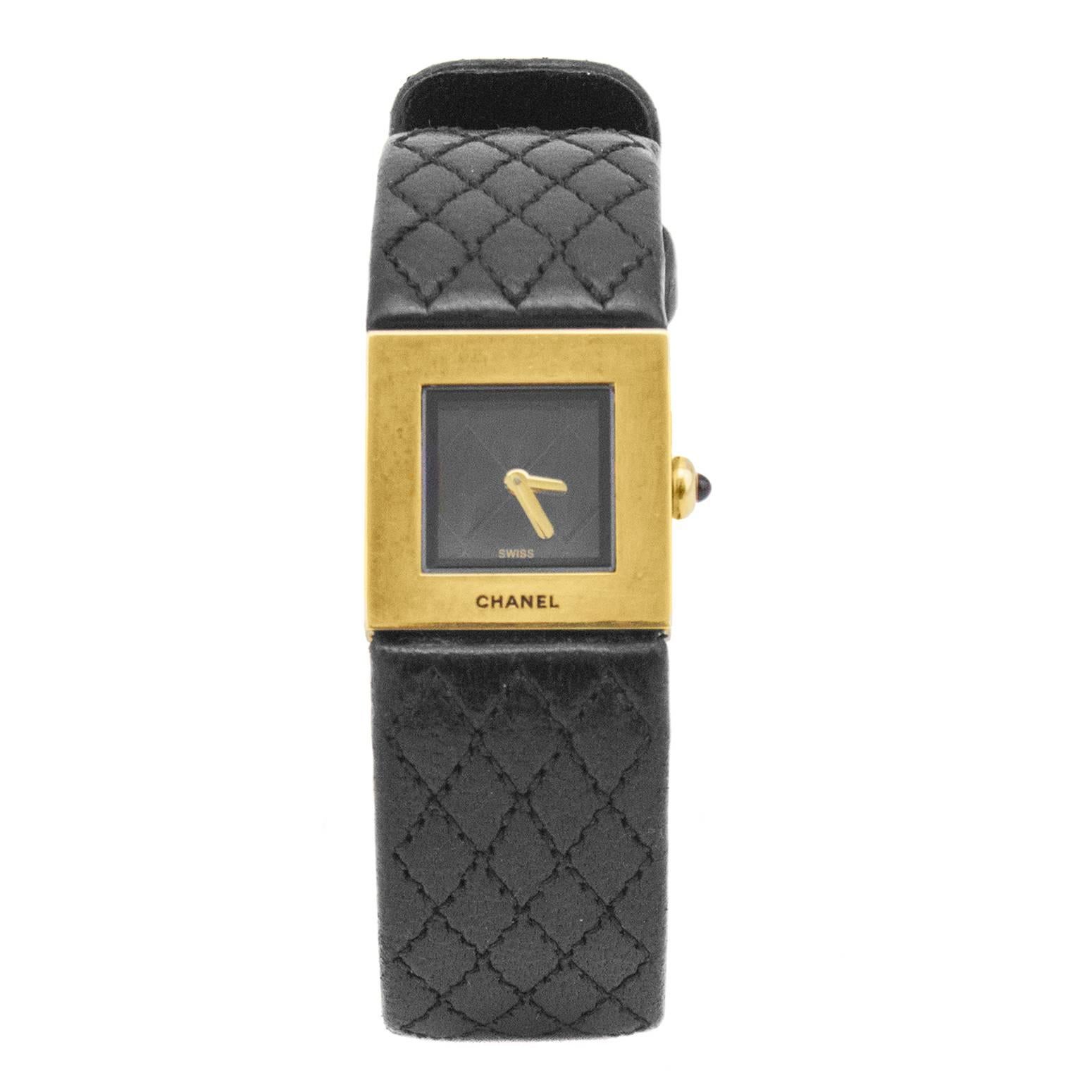 1993 Chanel Matelassé 18 Karat Yellow Gold and Black Leather Quartz Wrist Watch 
