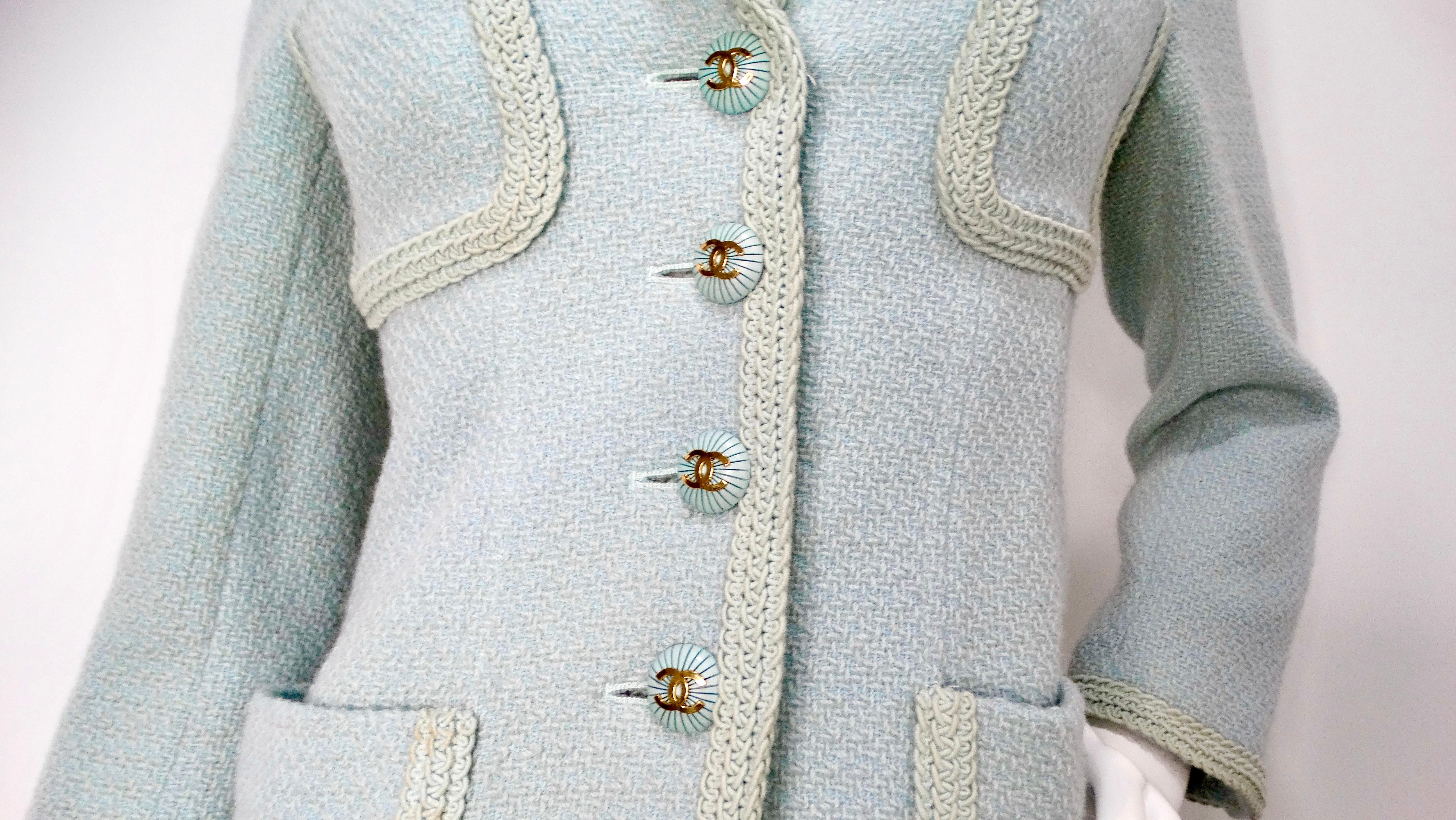 Gray 1993 Chanel Mint Pastel Blue Tweed Jacket With Interlocking CC Logo Buttons For Sale