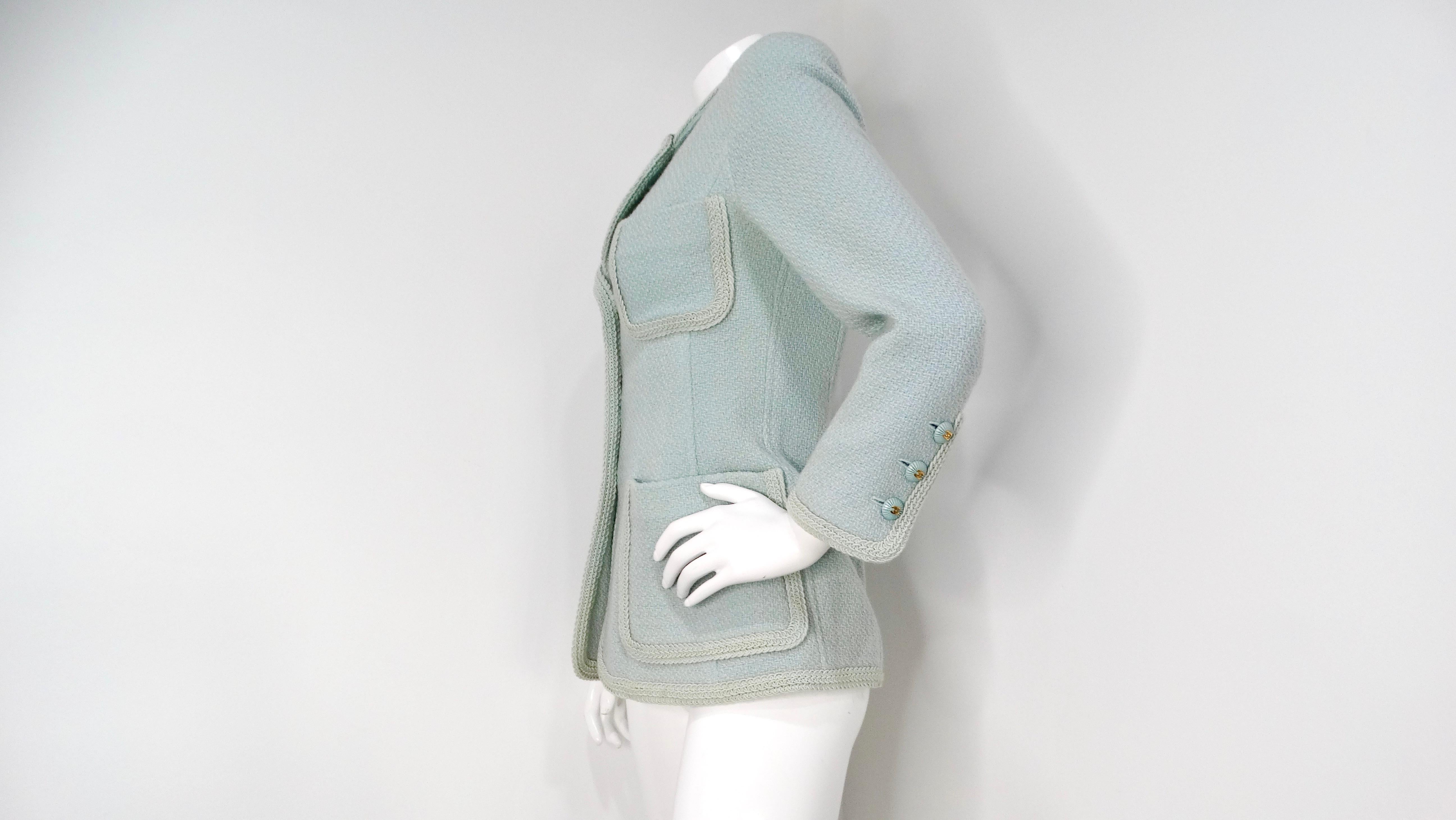 1993 Chanel Mint Pastel Blue Tweed Jacket With Interlocking CC Logo Buttons In Good Condition For Sale In Scottsdale, AZ