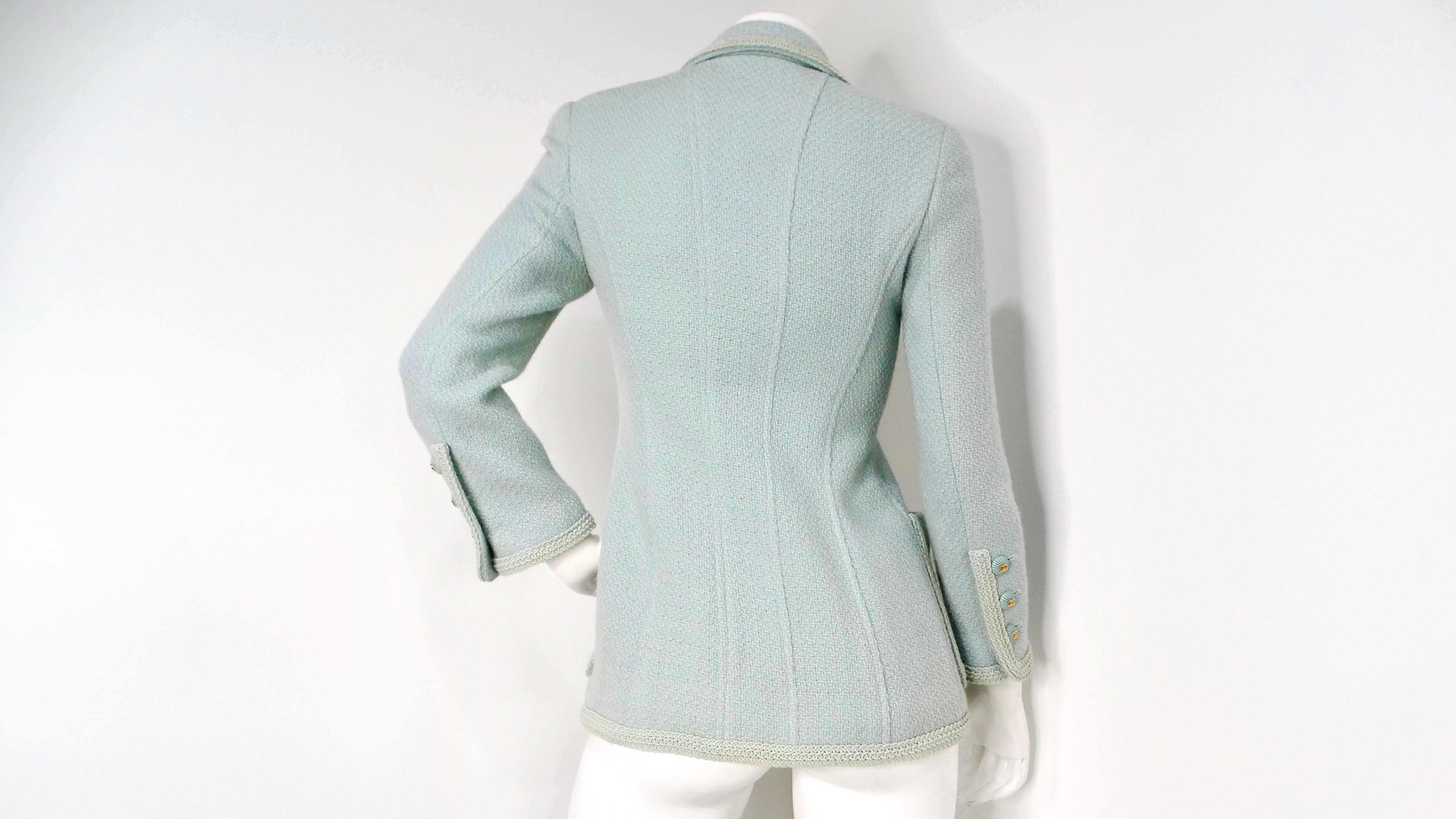 1993 Chanel Mint Pastel Blue Tweed Jacket With Interlocking CC Logo Buttons For Sale 1