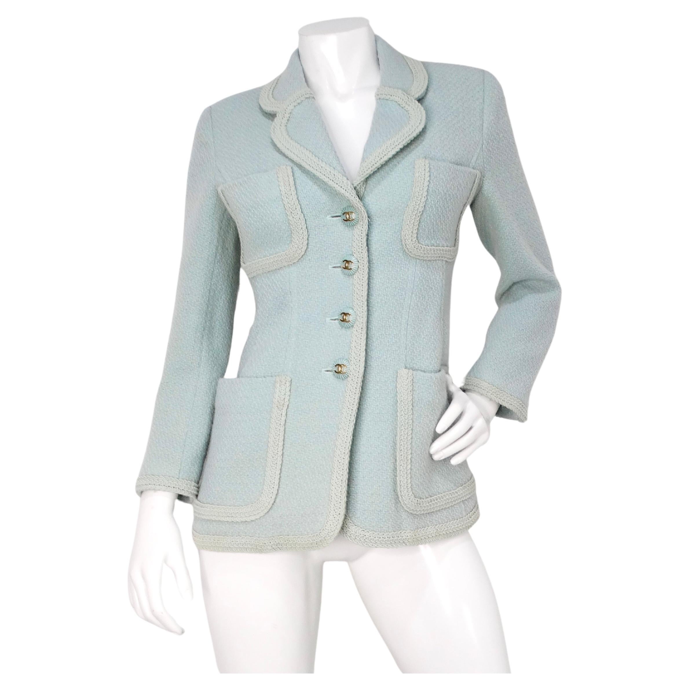 1993 Chanel Mint Pastel Blue Tweed Jacket With Interlocking CC Logo Buttons For Sale
