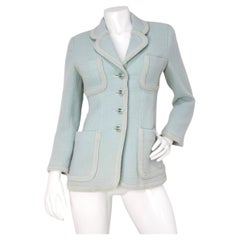 1993 Chanel Mint Pastel Blue Tweed Jacket With Interlocking CC Logo Buttons