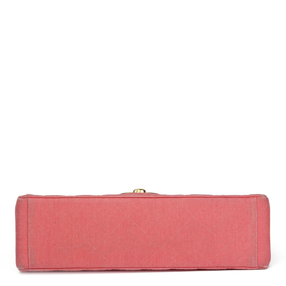 1993 Chanel Pink Quilted Denim Vintage Maxi Jumbo XL Flap Bag In Good Condition In Bishop's Stortford, Hertfordshire
