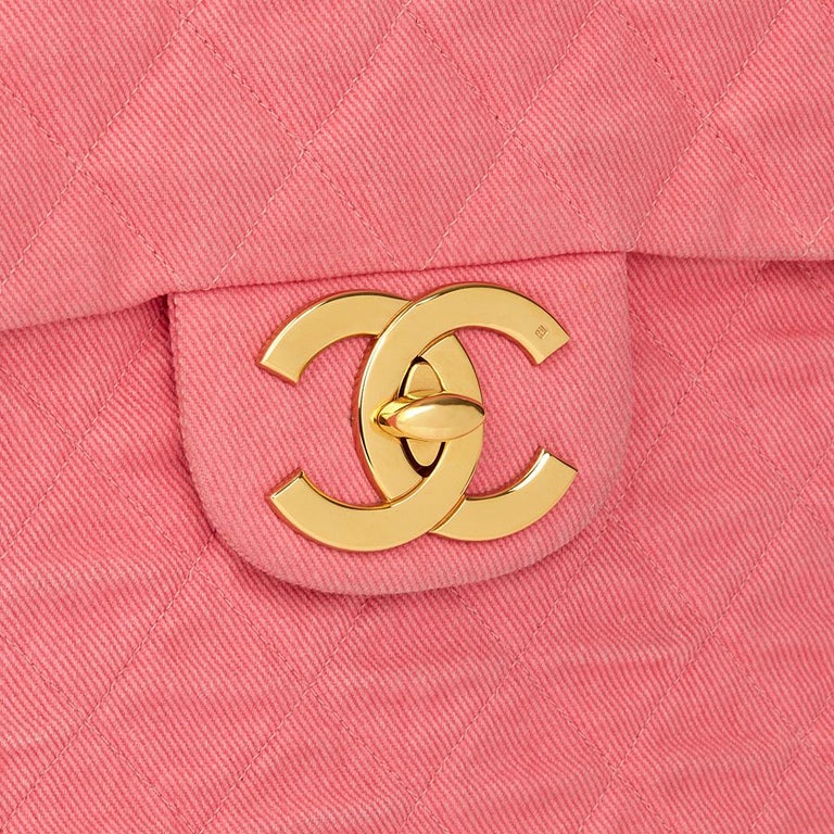 1993 Chanel Pink Quilted Denim Vintage Maxi Jumbo XL Flap Bag at 1stDibs