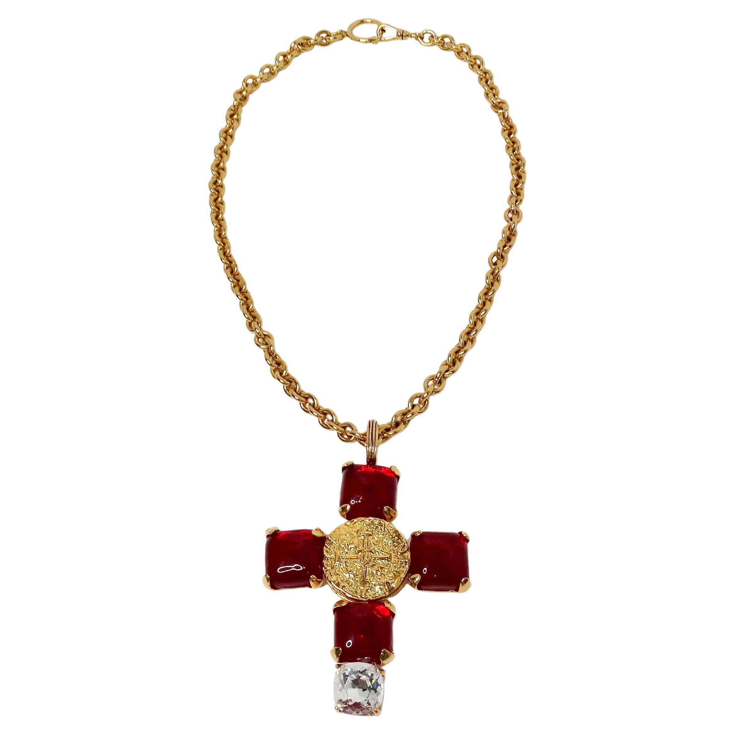 1993 Chanel Red Gripoix Gold Tone Cross Pendant Chain Link Necklace