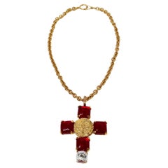 1993 Chanel Red Gripoix Gold Tone Cross Pendant Chain Link Necklace