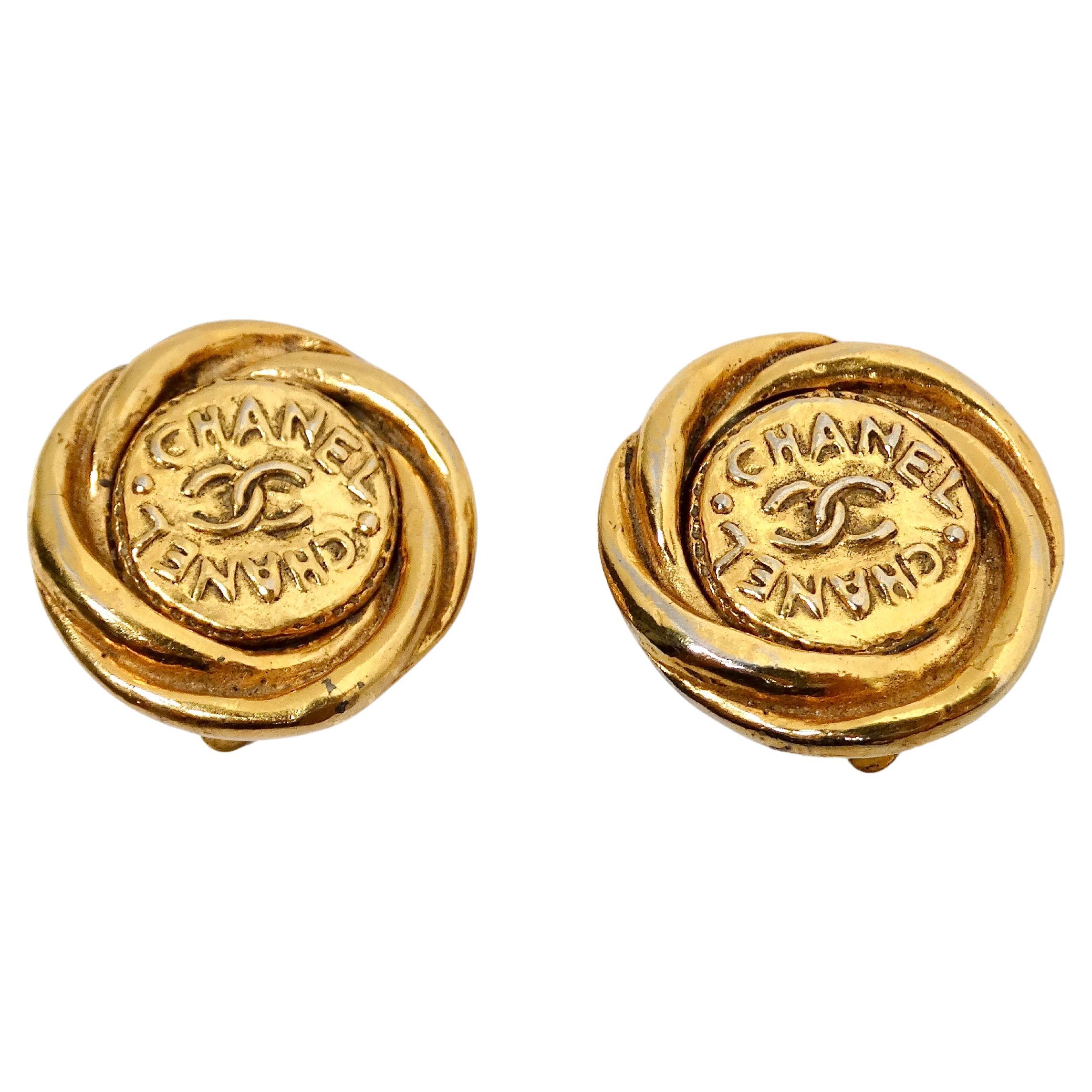 1993 Chanel Round Interlocking CC Gold-Tone Clip-On Earrings