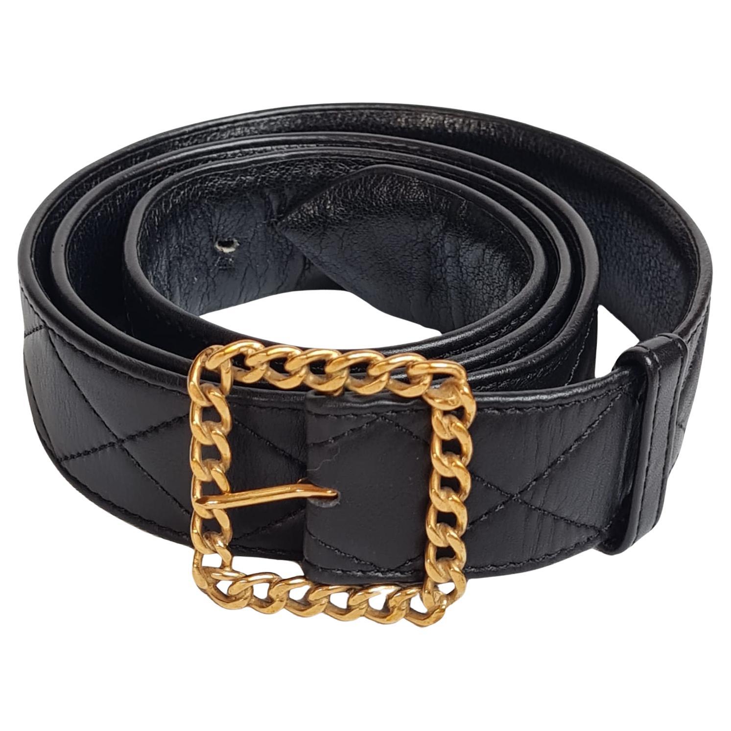 CHANEL Medallion 24K Gold Chain Leather Belt Black